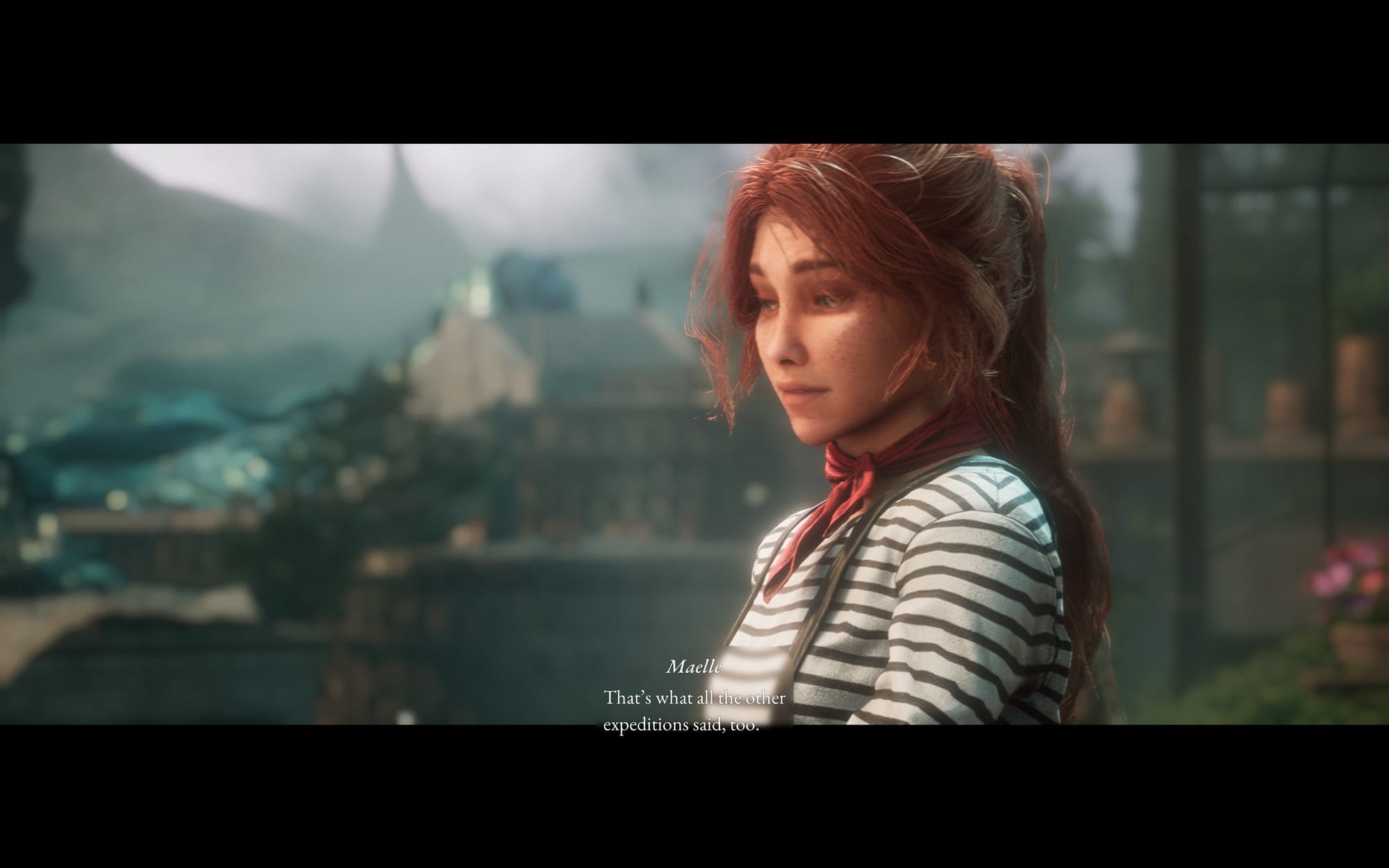 Woman in striped shirt in front of ruined city, subtitles over the image say "Maelle: That's what all the other expeditions said, too."