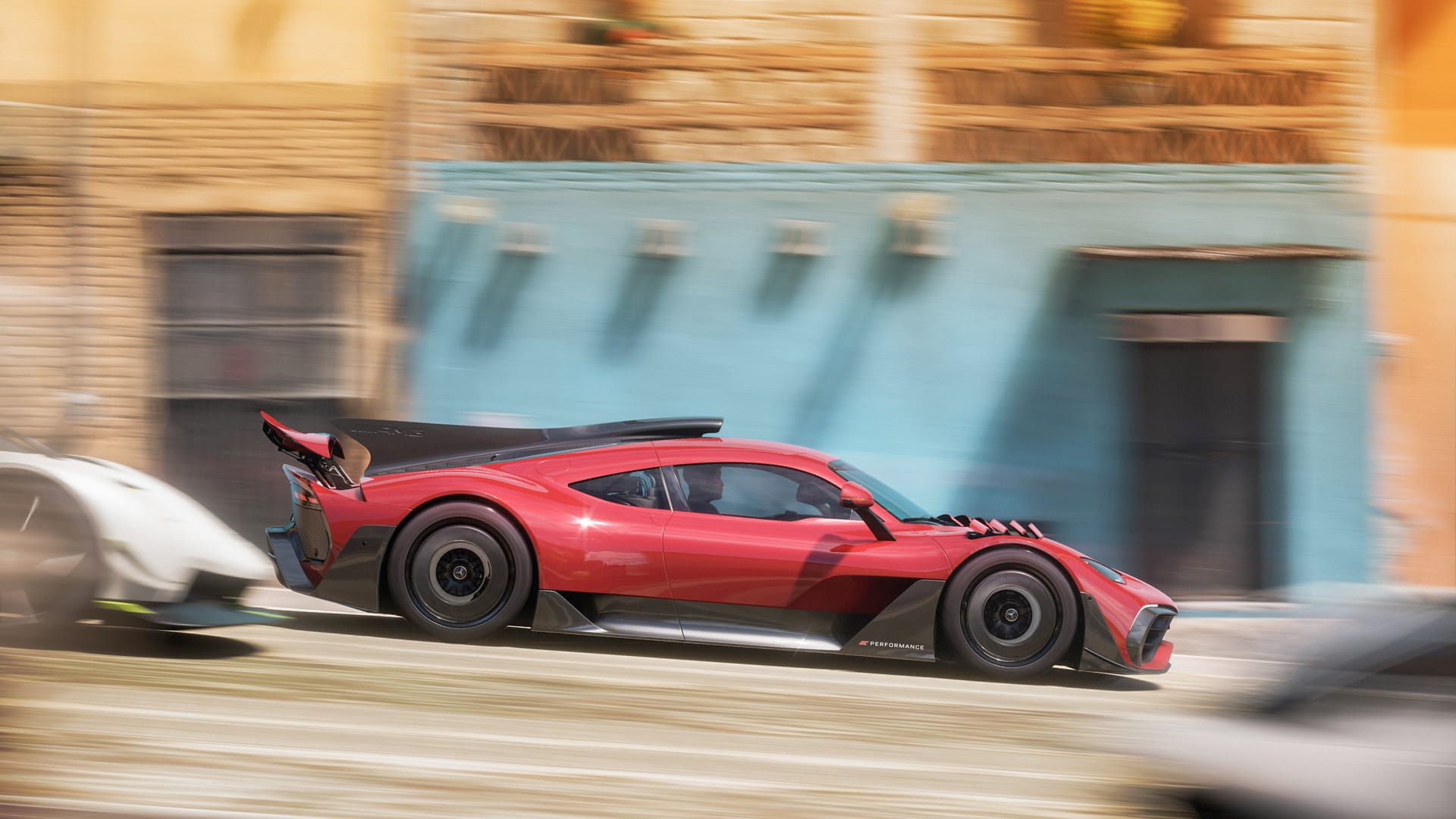 Forza Horizon 5 Screenshot, red sports car racing through city