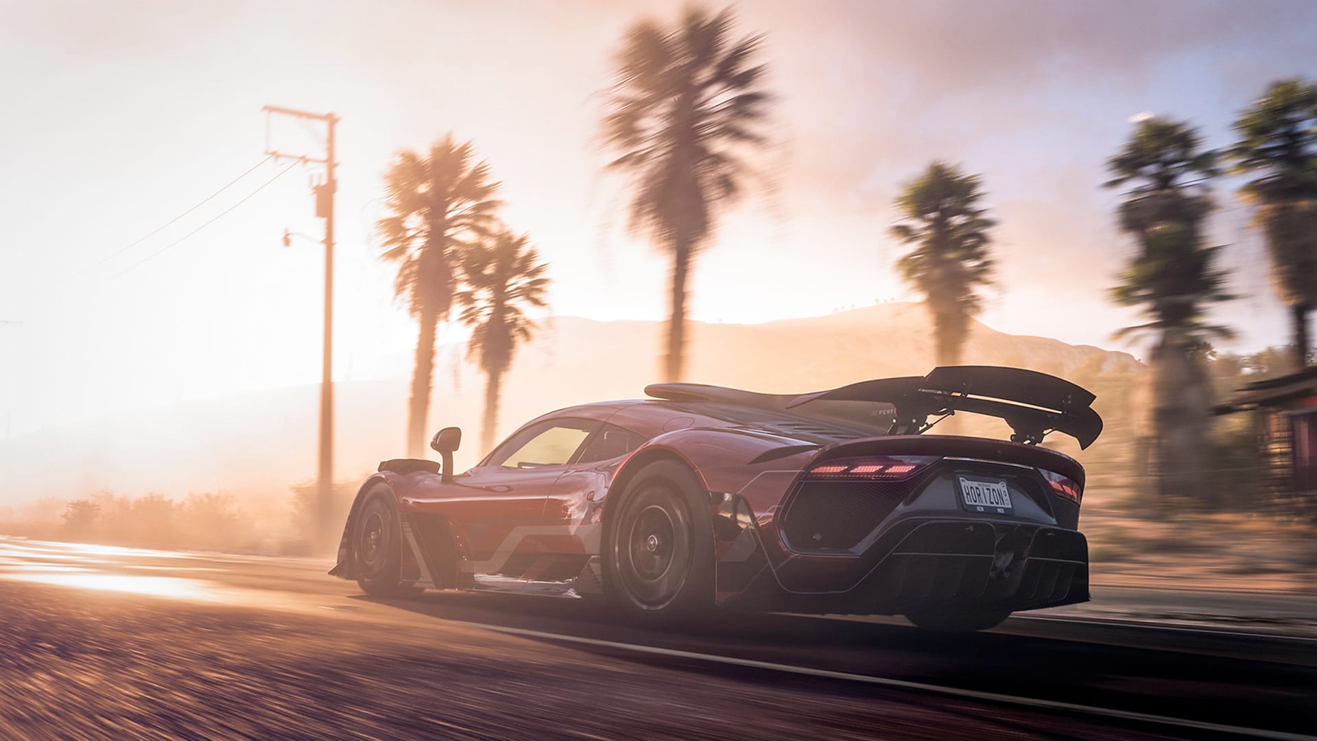 Forza Horizon 5 Screenshot, sports car driving on road, palm trees in background