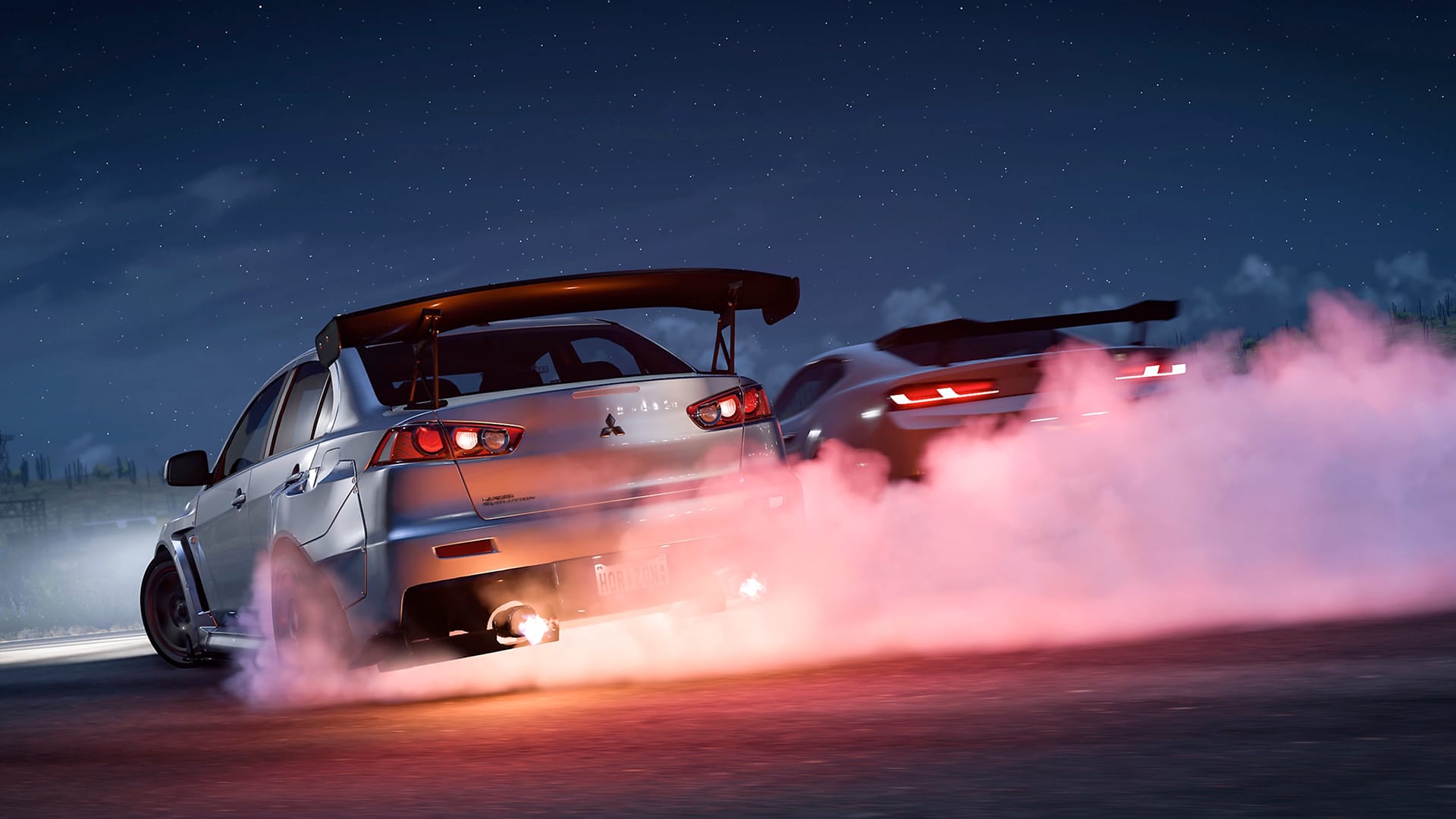 Forza Horizon 5 Screenshot, two cars racing on pavement at night