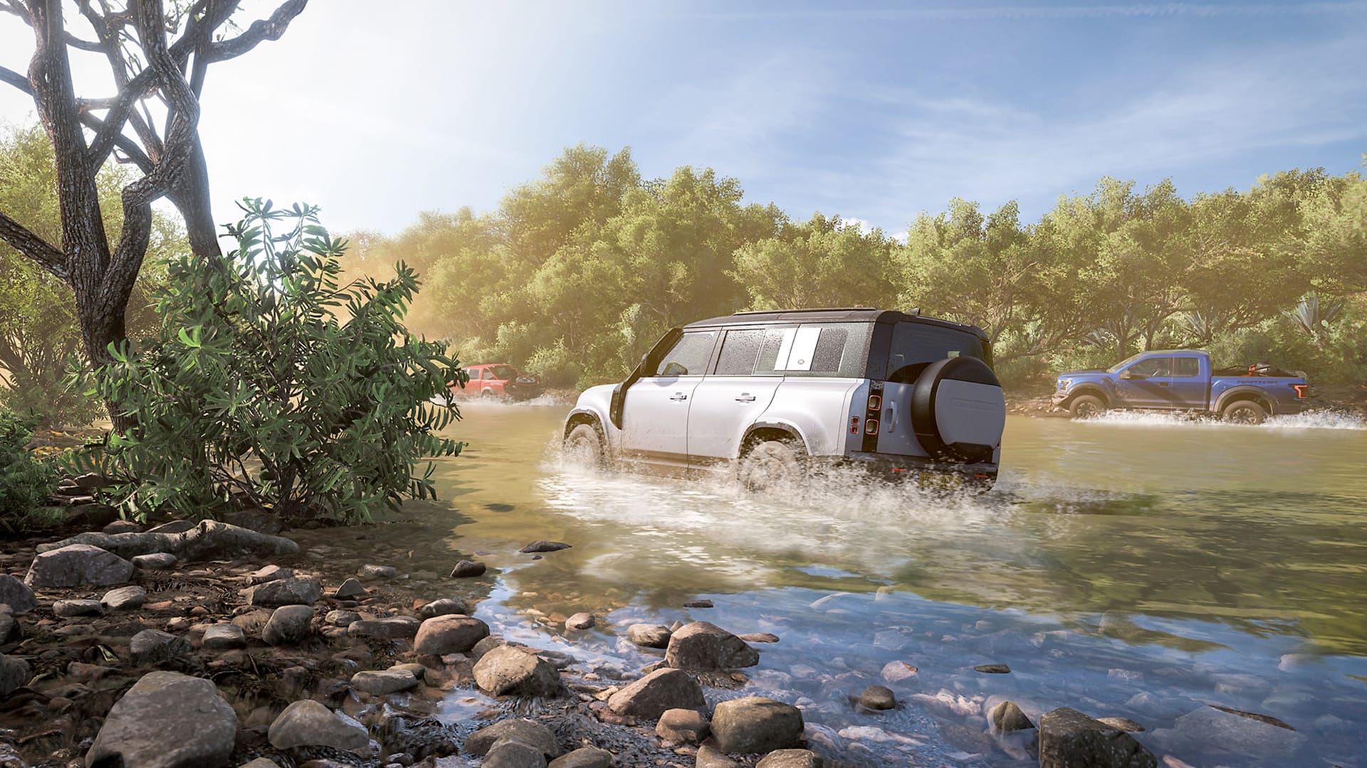 Forza Horizon 5 Screenshot, cars racing through river with trees in background and foreground