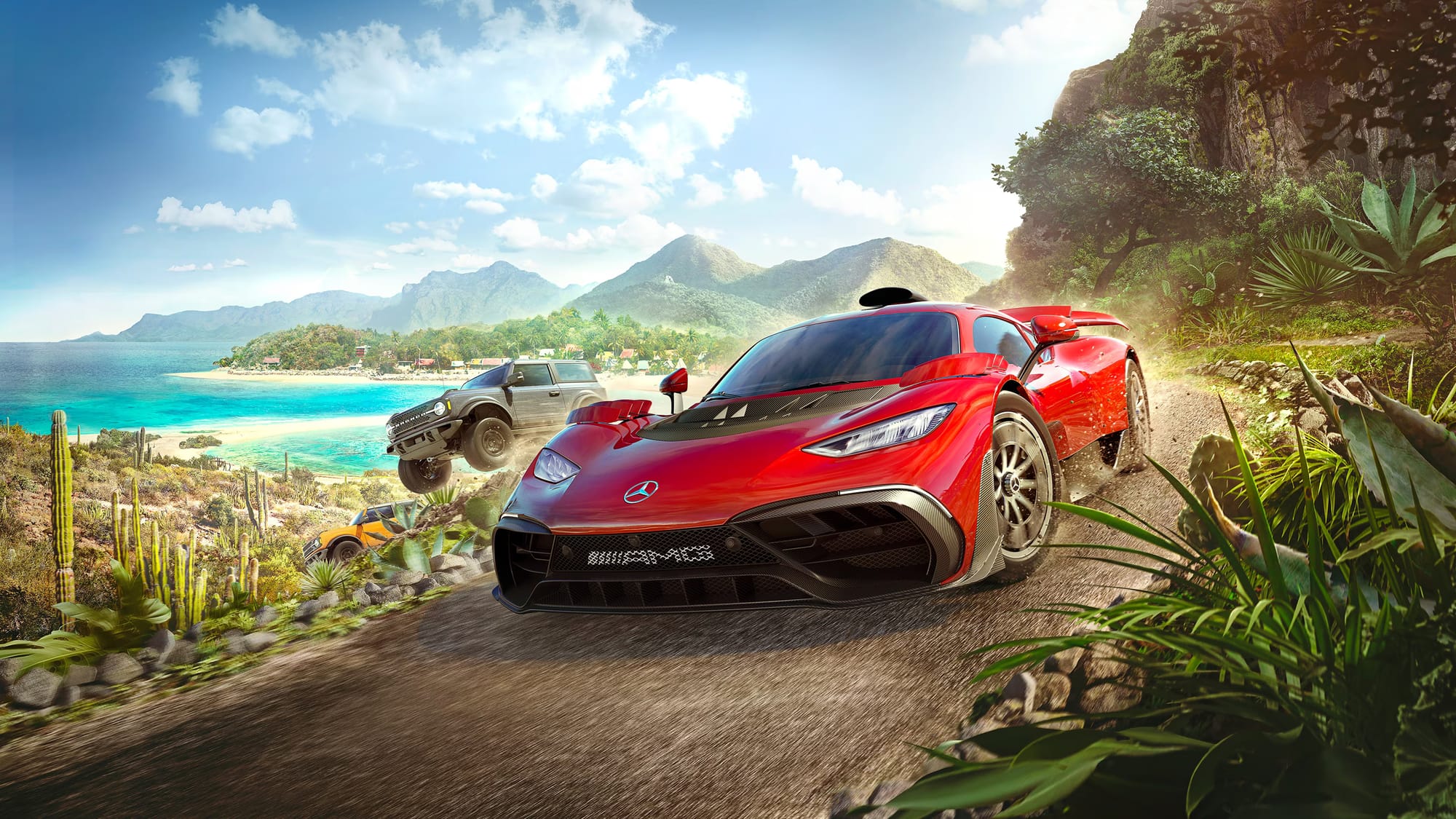 Forza Horizon 5 Screenshot, red sports car on mountain road, islands and other racers in the background