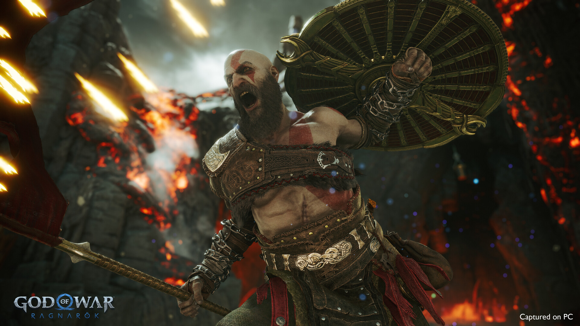 God of War Ragnarök screenshot showing Kratos, armed with a spear and shield, yelling a battlecry