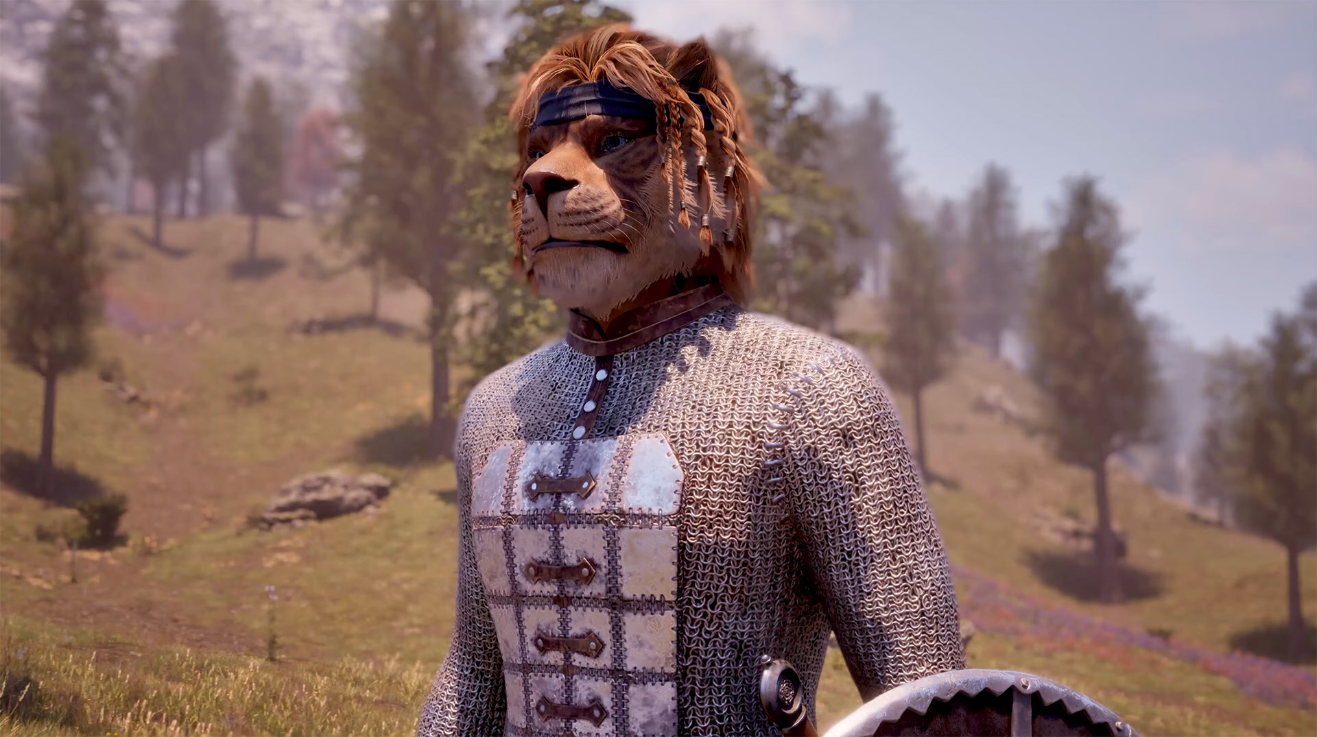 The Elder Scrolls IV: Oblivion Remastered screenshot, armored cat-like Khajiit stands in a field with trees