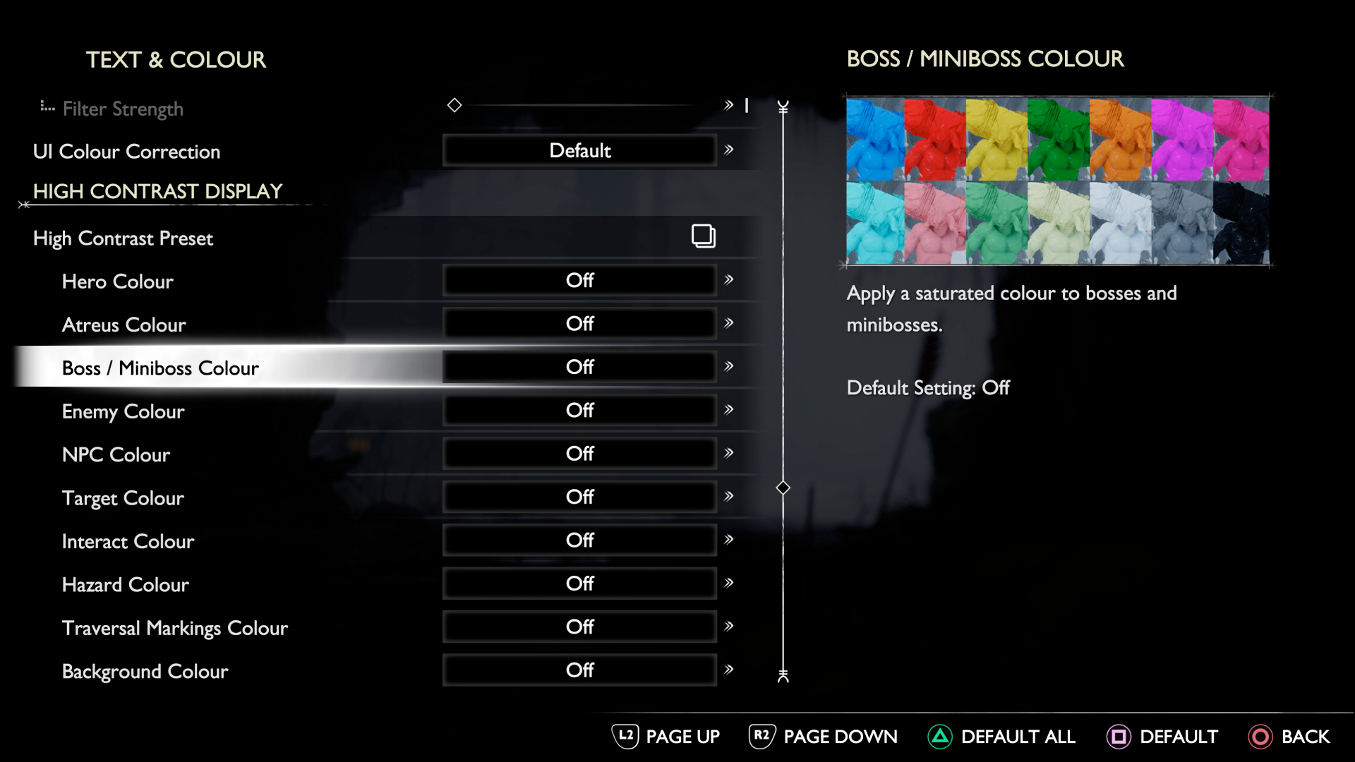 Color filter settings showing numerous options to recolor gameplay elements including heroes, bosses, and backgrounds