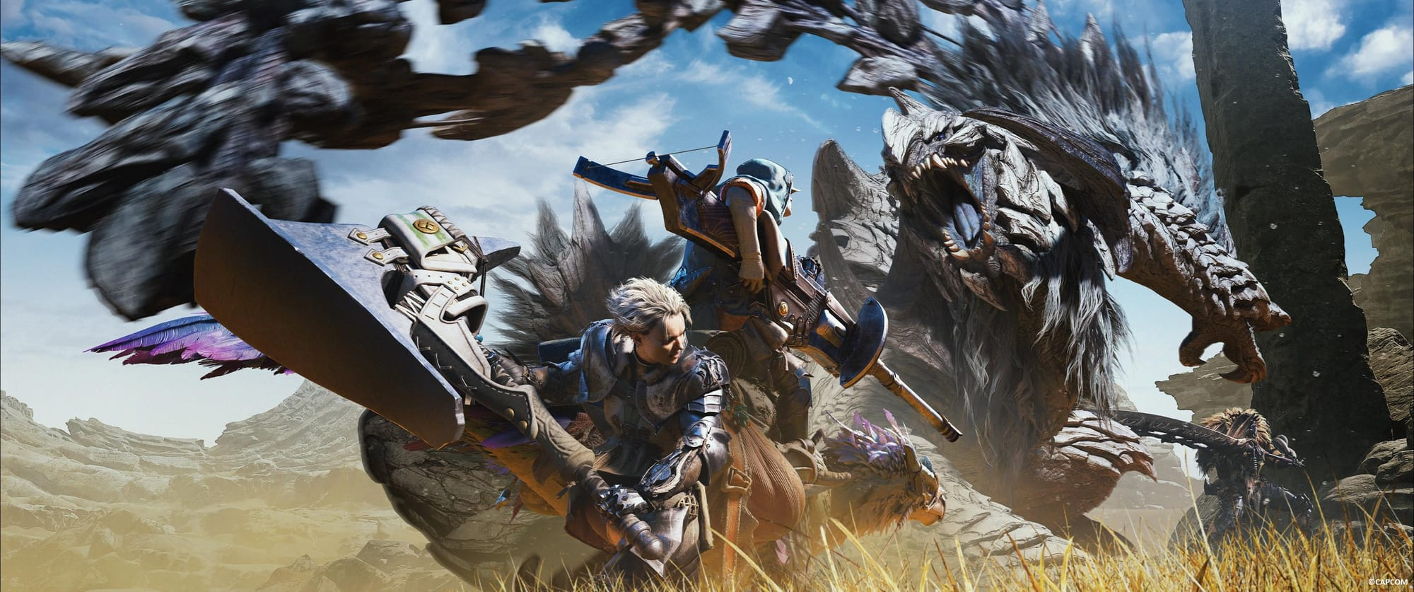 Monster Hunter Wilds Key Art, two hunters fighting a large monster, desert environent