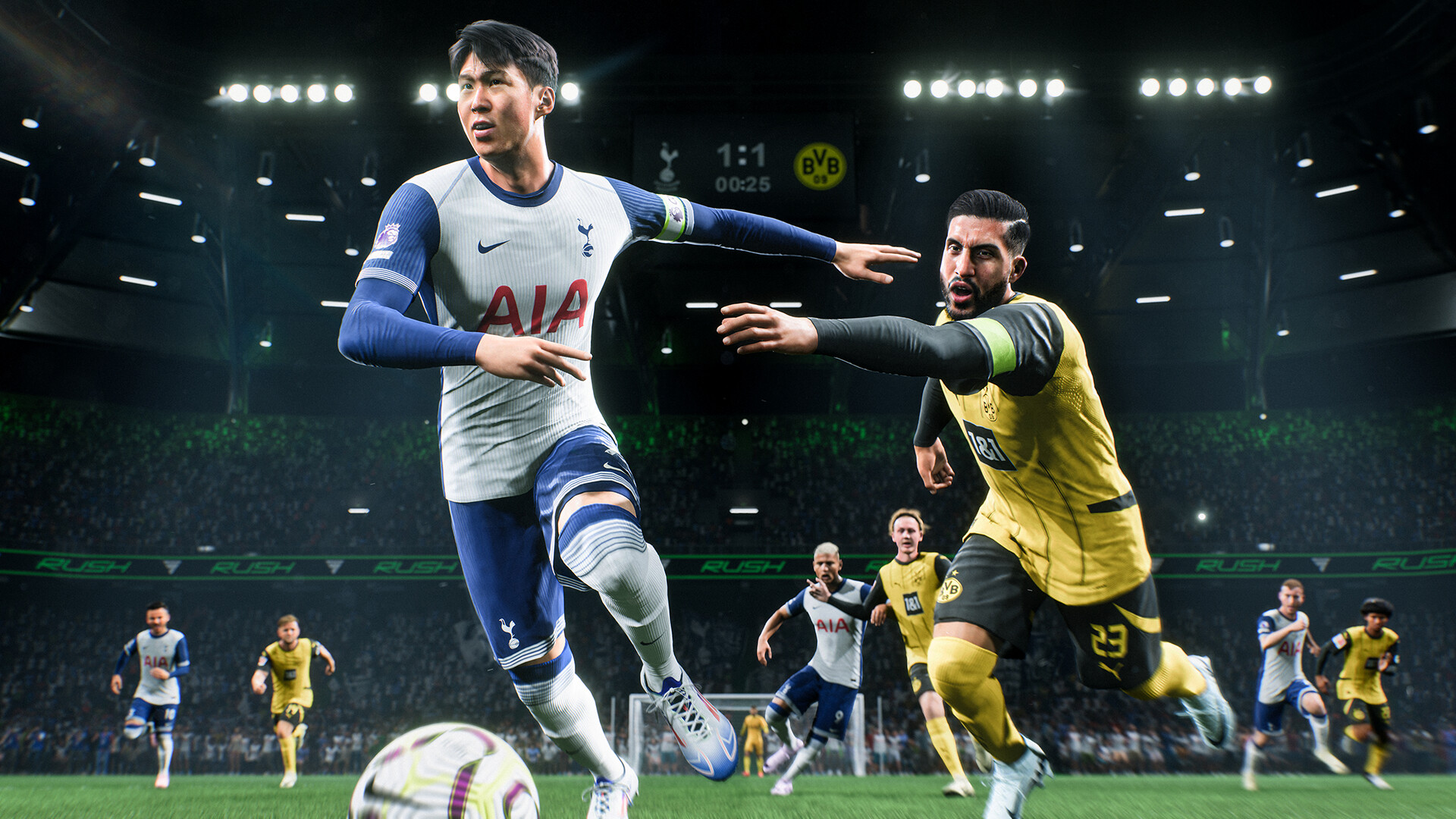 EA FC 25 Screenshot, showing two players competing over ball, other teammates in background