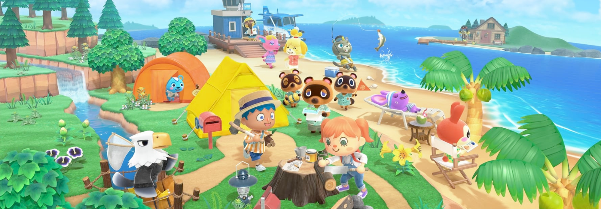 Animal Crossing beach scene with characters camping in colorful tents, sitting around a campfire, and relaxing by the ocean with palm trees, a dock, and distant islands in the background.
