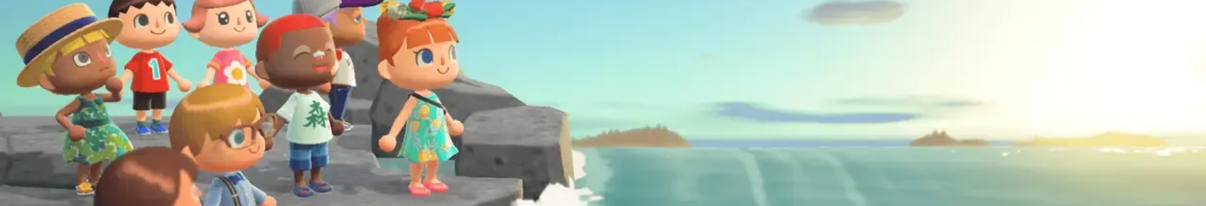 Six Animal Crossing characters in summer clothing standing on a cliff overlooking a tropical ocean with distant islands.