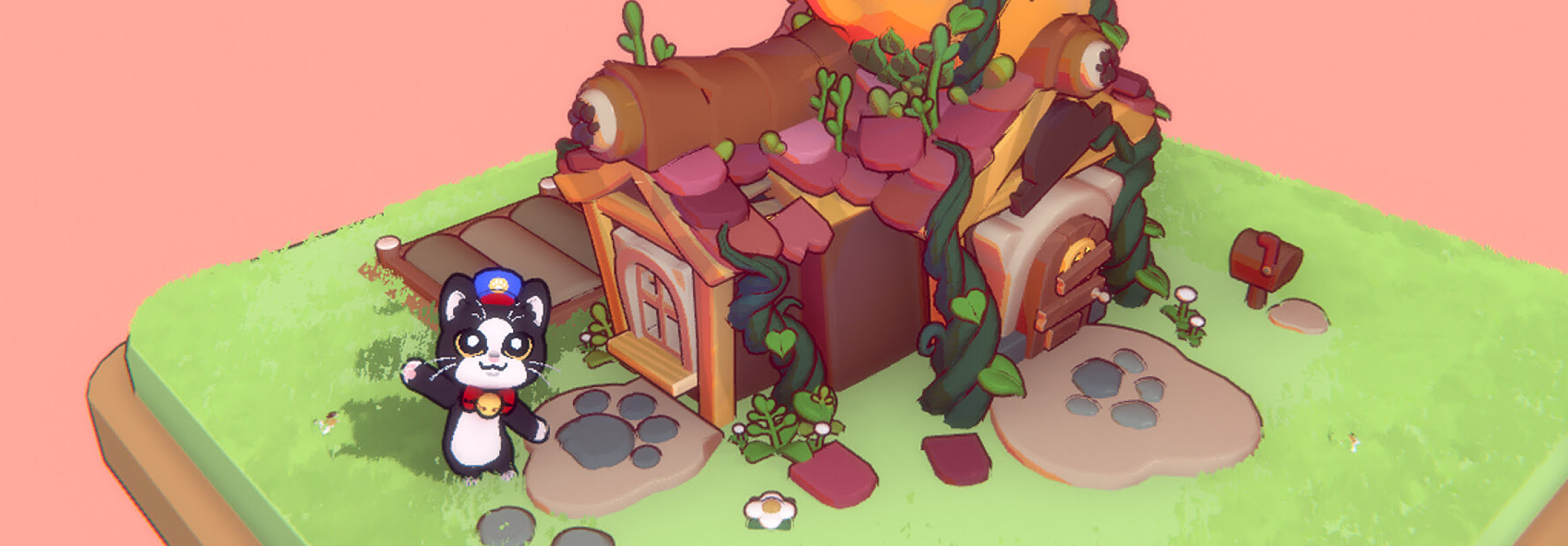 Pekoe cat character standing next to a whimsical house covered in vines and plants with a pink sky background on a small grassy patch