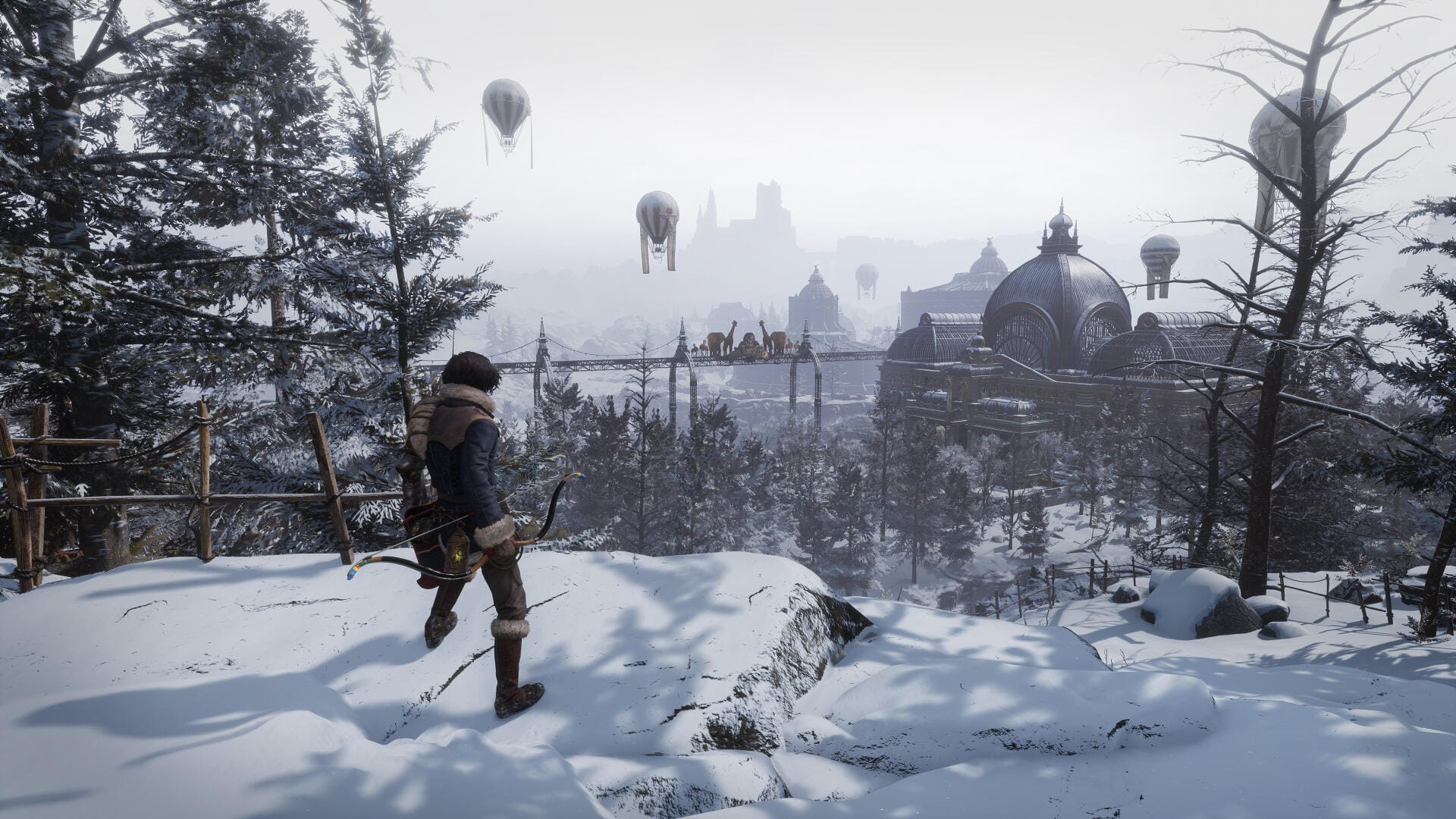 Winter landscape gameplay view showing character overlooking a Victorian-style city with hot air balloons in the sky.