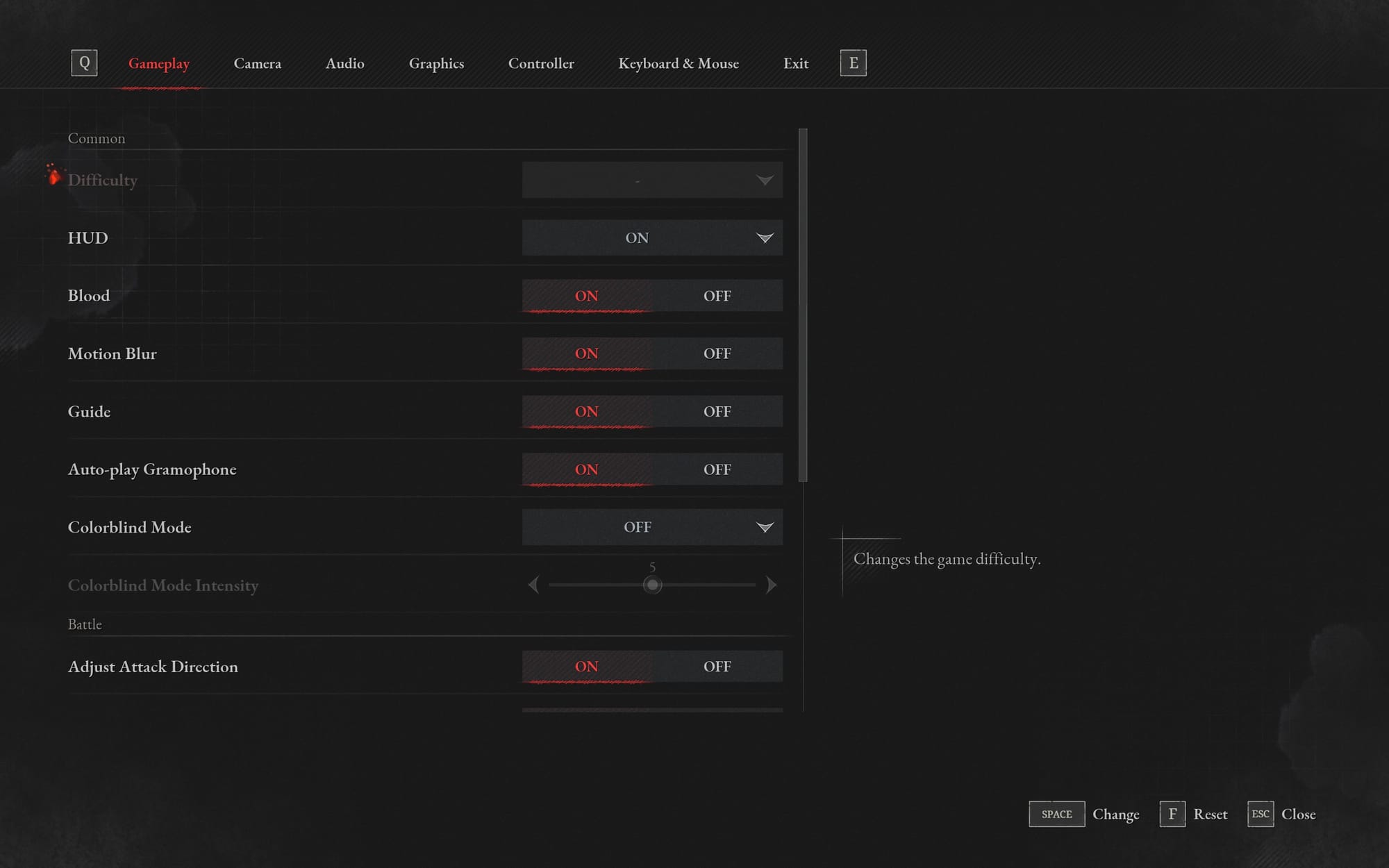 Gameplay settings menu with options for difficulty, HUD, blood effects, and other game features.