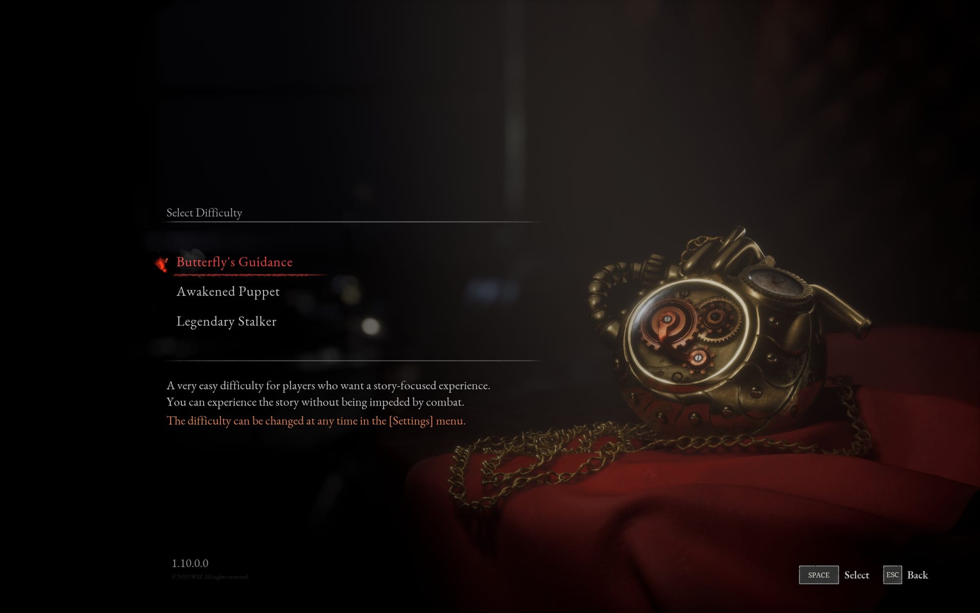 Difficulty selection screen showing "Butterfly's Guidance" option with ornate clockwork pendant on red fabric.