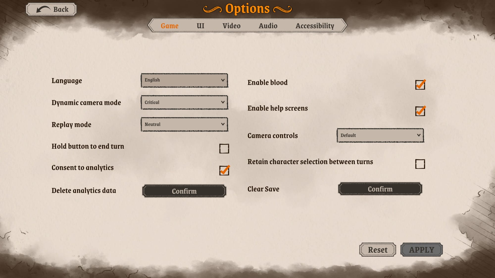 Game options menu showing language, camera mode, replay settings, and various gameplay toggles with checkboxes.