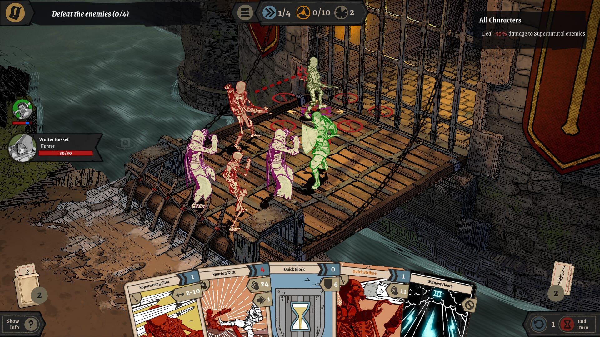 Tactical combat scene showing multiple party members fighting enemies, with character health bars, action cards in hand, and combat UI displaying turn order and objectives.