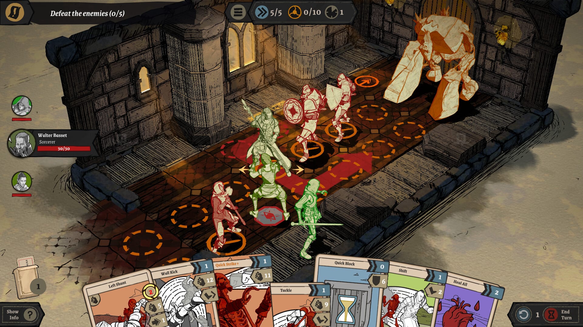 Tactical combat in stone temple chamber with party members positioned around circular patterns on bloodstained floor, facing enemies with action cards displayed at bottom.