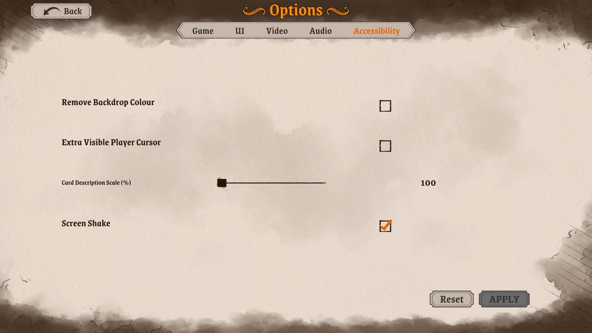 Accessibility options menu with settings for backdrop color removal, cursor visibility, card description scaling, and screen shake toggle.