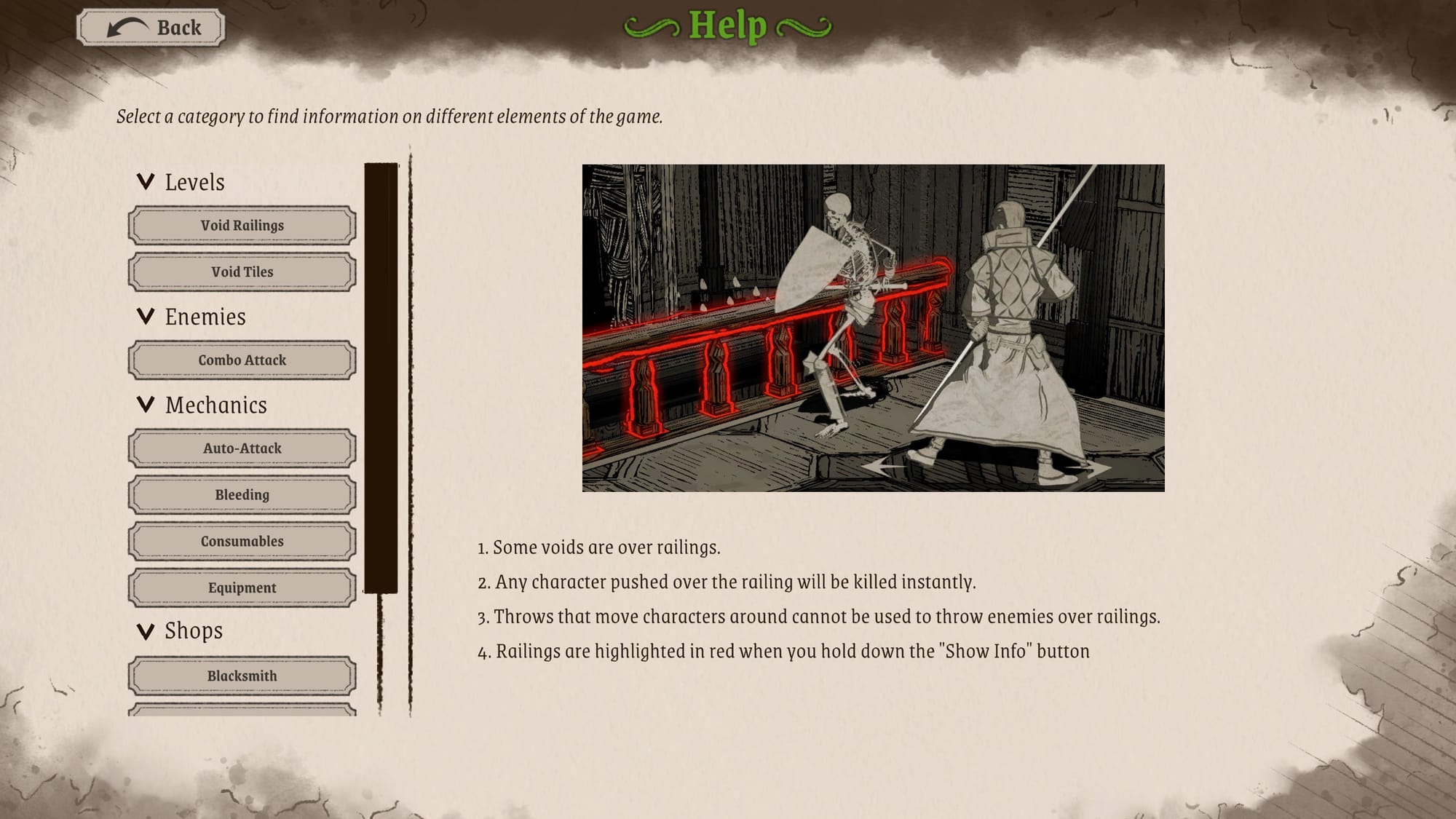 Help screen displaying tutorials with combat illustration and safety rules listed below.