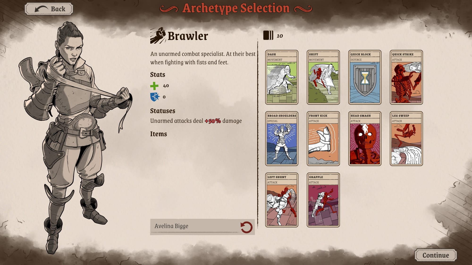 Brawler character details showing stats, abilities, starting items, and available skill cards in a grid layout.
