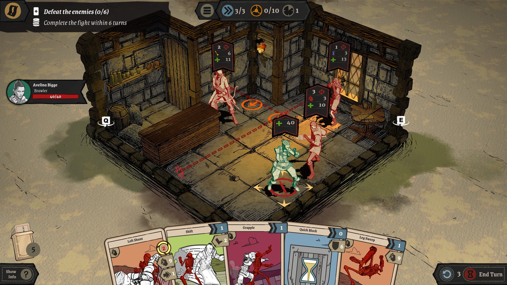 Tactical combat view showing Brawler character facing multiple enemies in tavern interior with card hand visible.