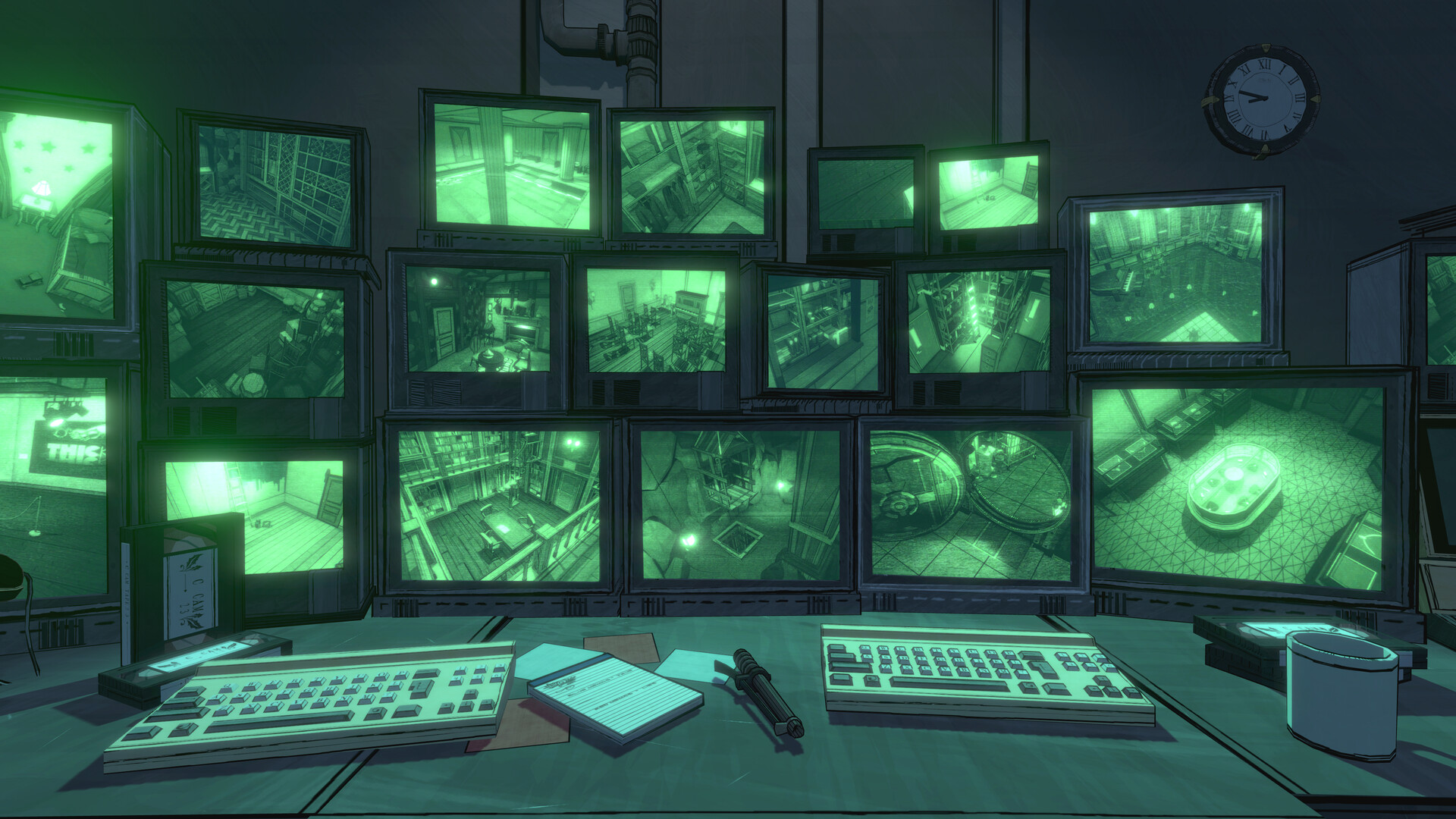 Blue Prince screenshot, showing many computer monitors with security camera footage on each.