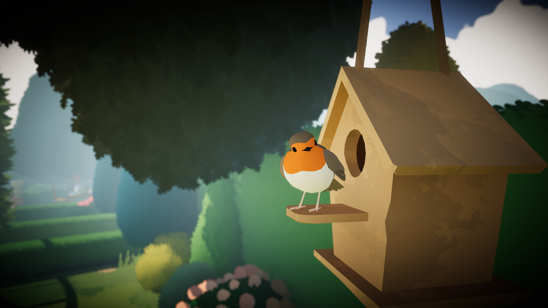 Small orange, brown, and white bird standing on birdhouse, among lush greenery. Game screenshot.