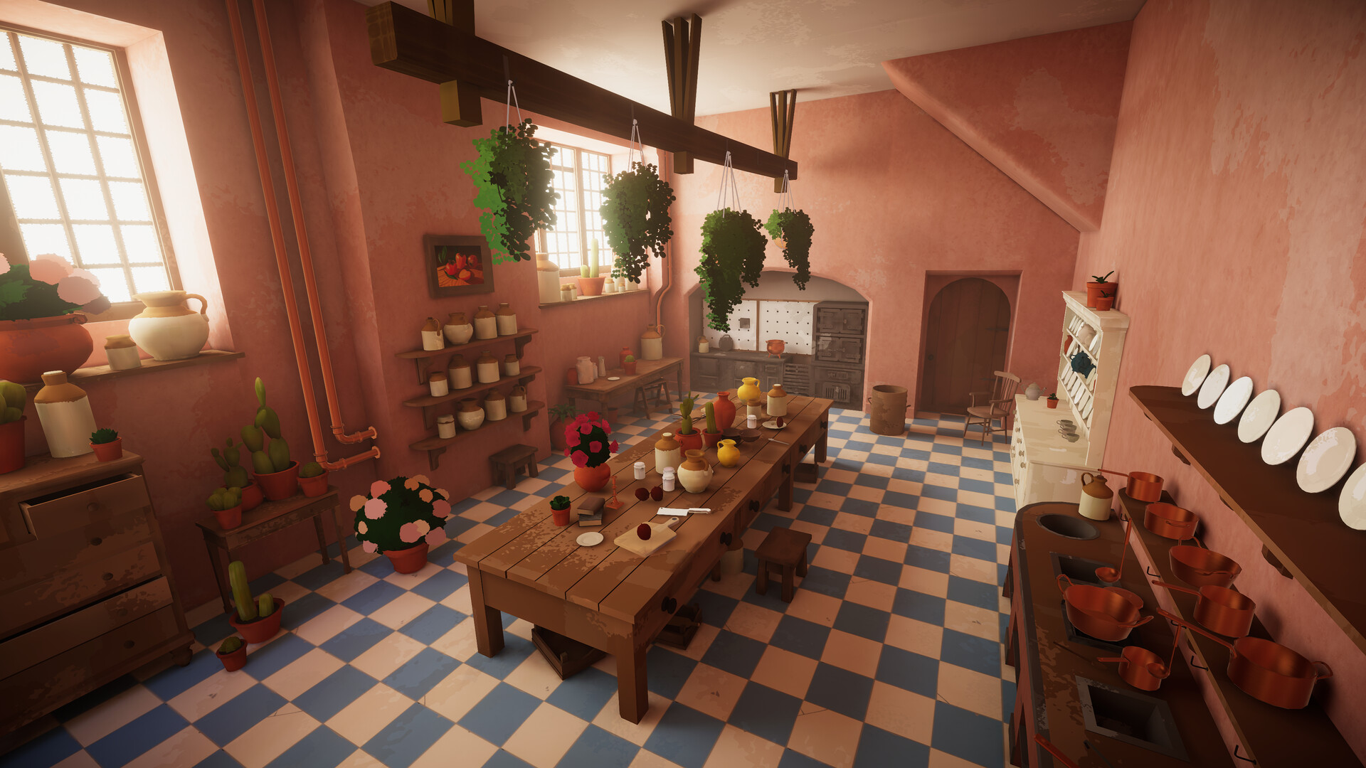 Terracotta workshop with box-pane windows, workbench with plants, hanging plants. Game screenshot.