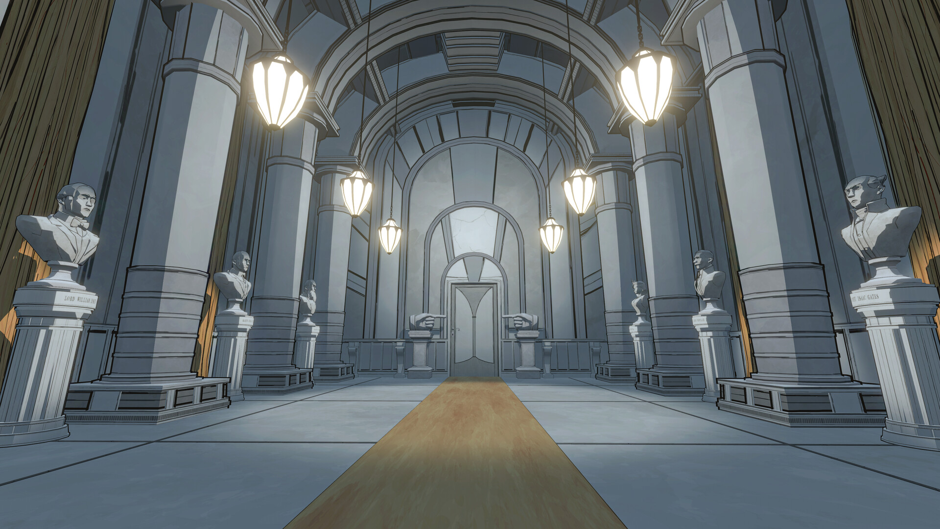 Blue Prince screenshot, showing marble hallway with lanterns, statues, gold curtains.