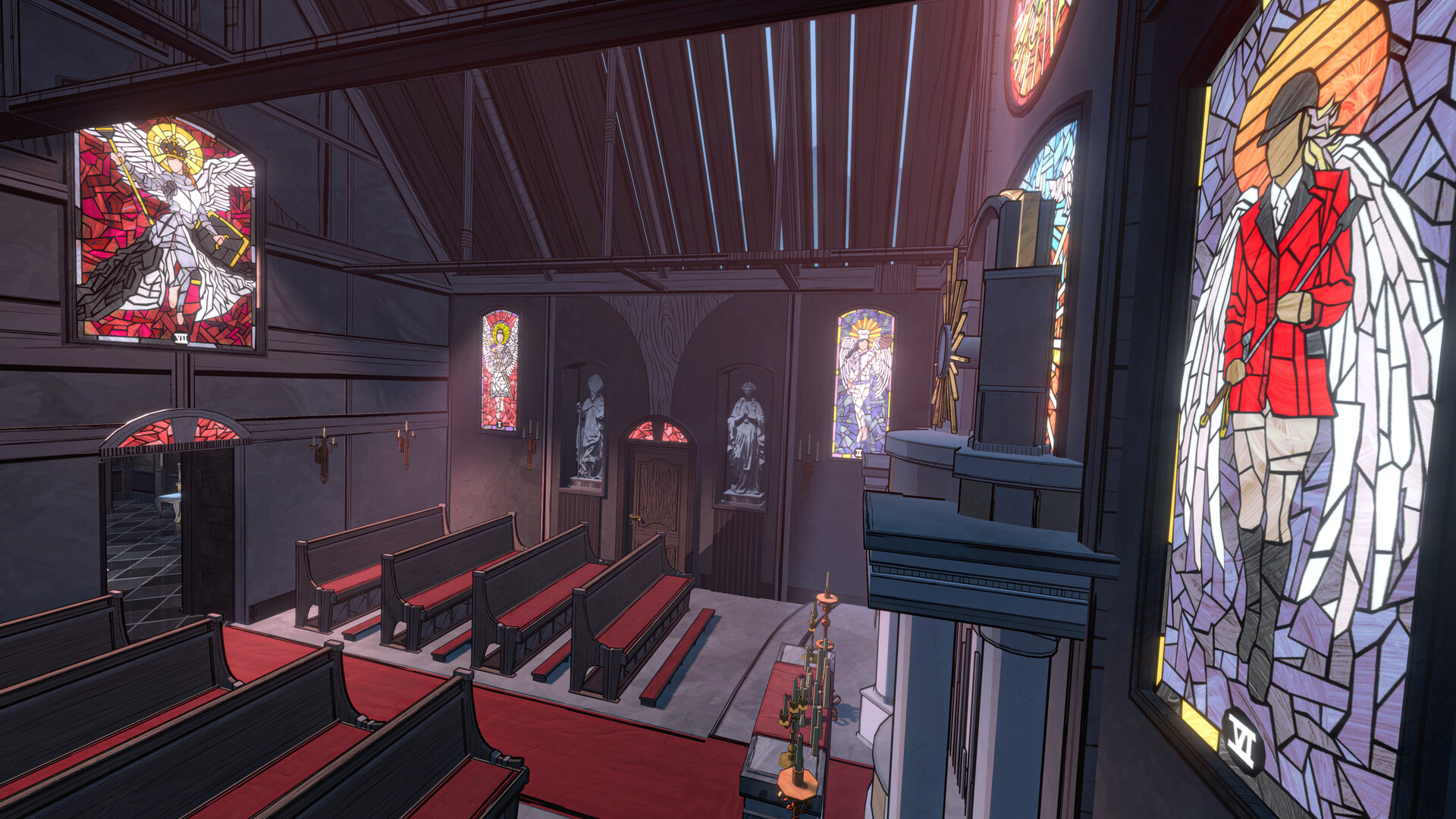 Blue Prince screenshot, showing stained glass window of person in red jacket, woman with wings, and church pews.