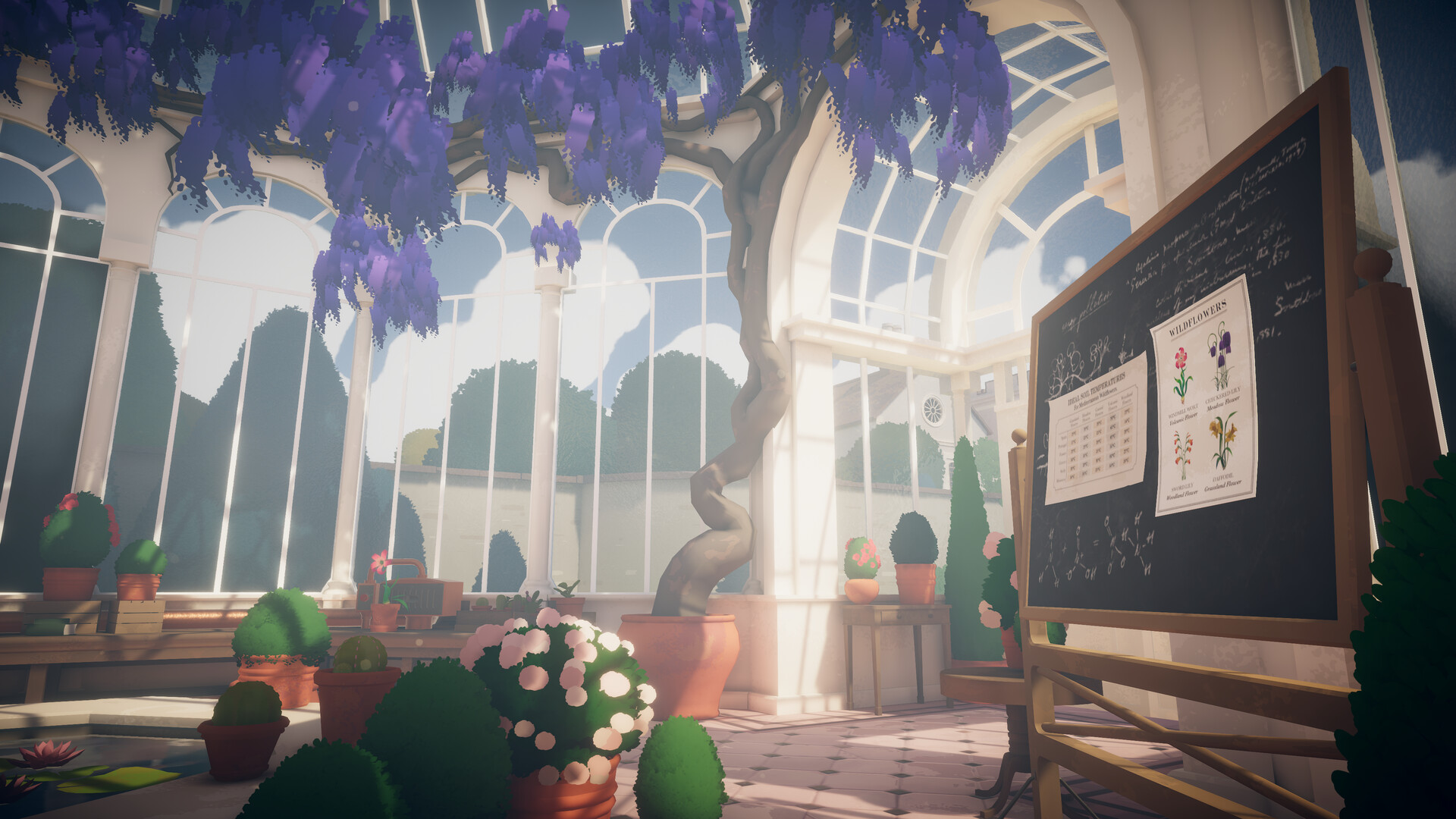Large purple tree inside greenhouse, next to chalkboard and other small plants. Game screenshot.