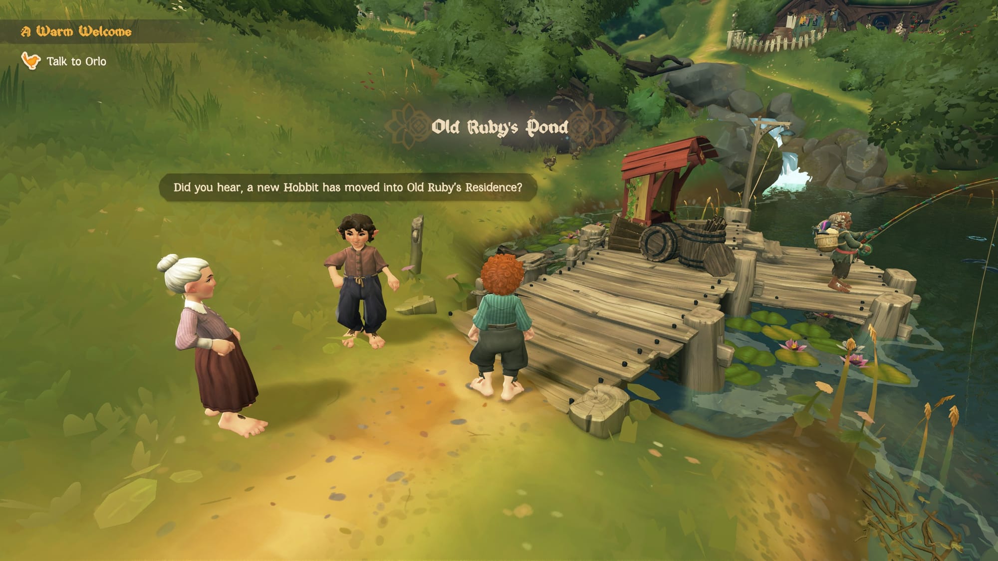 Hobbit game scene by a pond with three characters near a wooden dock and fishing area, showing dialogue about a new resident.