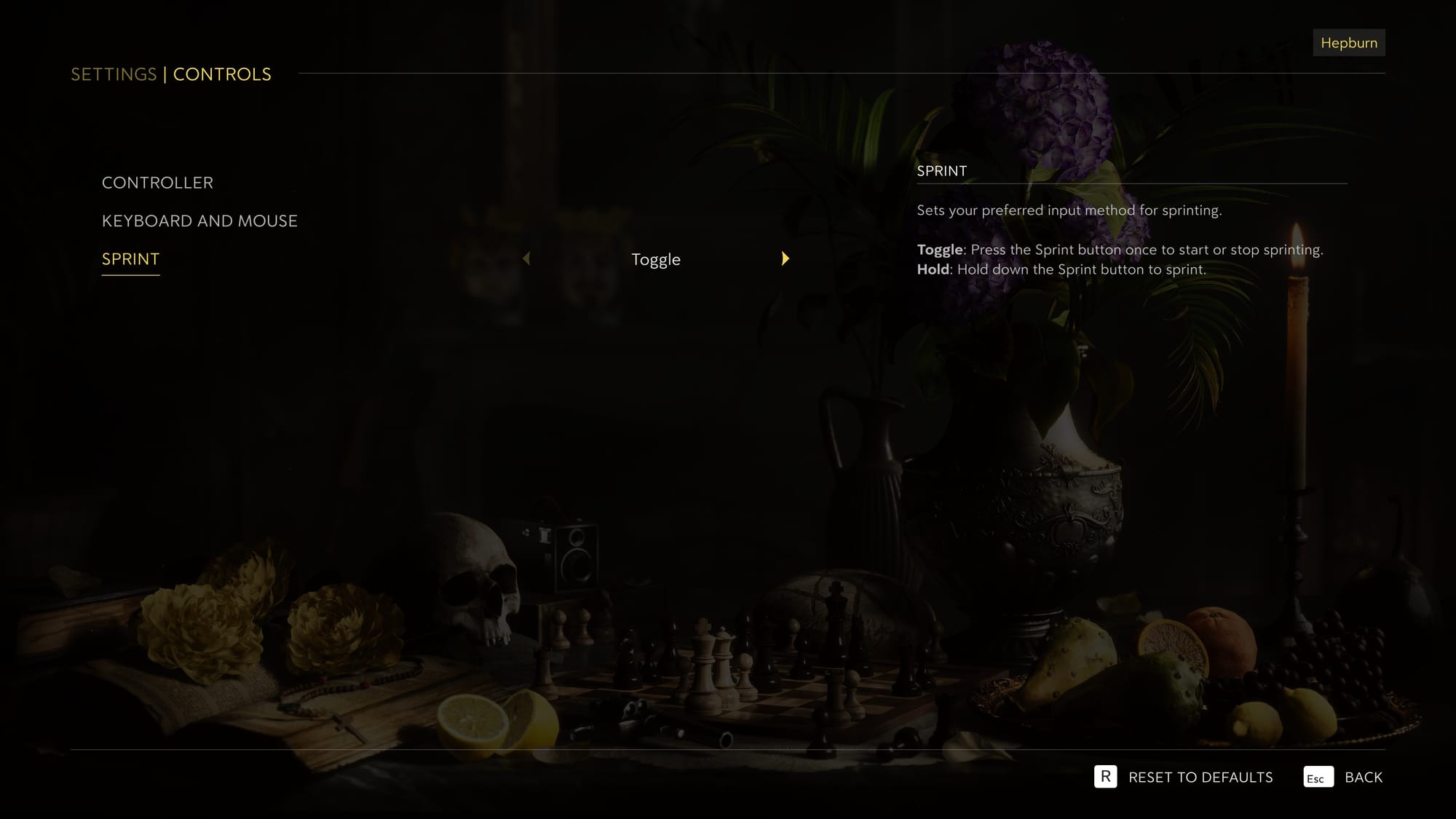 The controller menu featuring Controller and Keyboard options. There is a Toggle To Sprint option at the bottom.