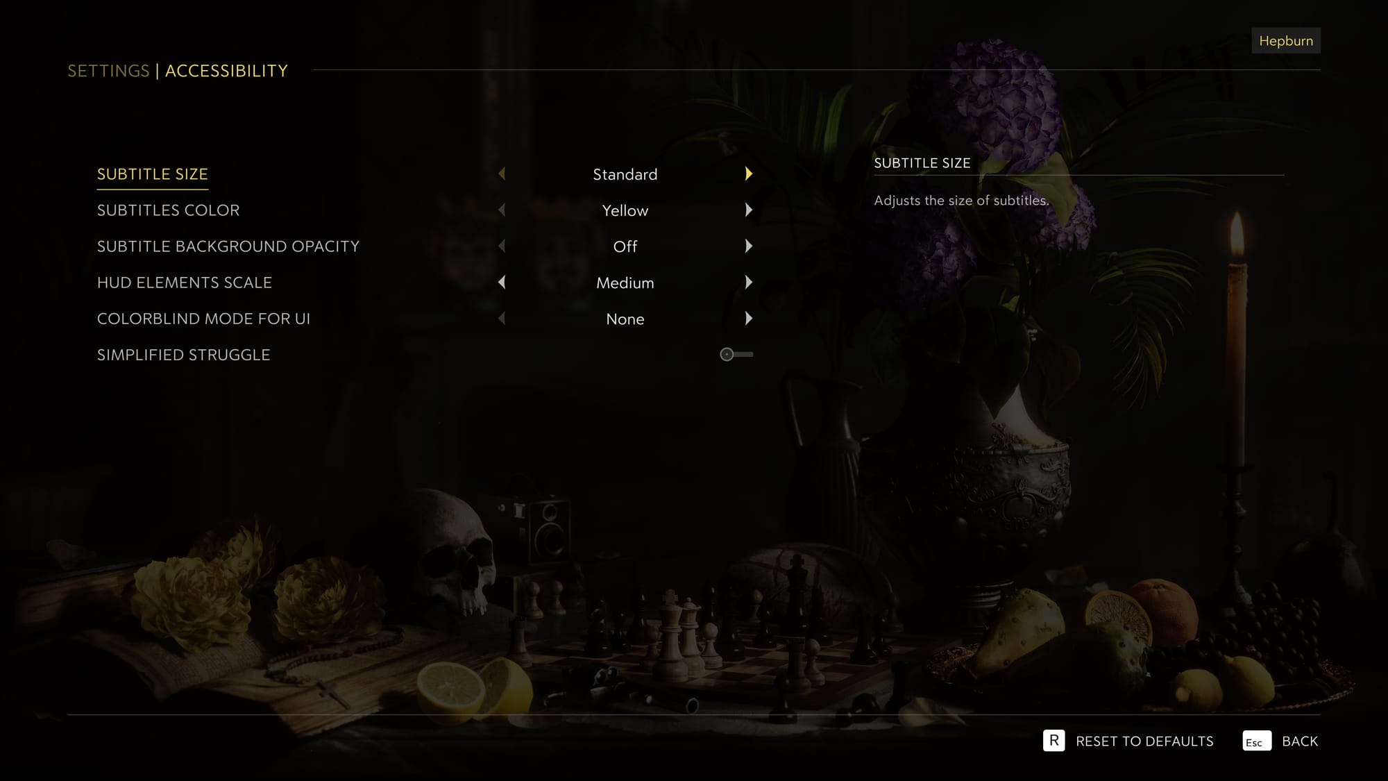 The Accessibility menu featuring options like Subtitle Size, Subtitles Color, Subtitle Background Opacity, HUD Elements Scale, Colorblind Mode For UI, and Simplified Struggle.