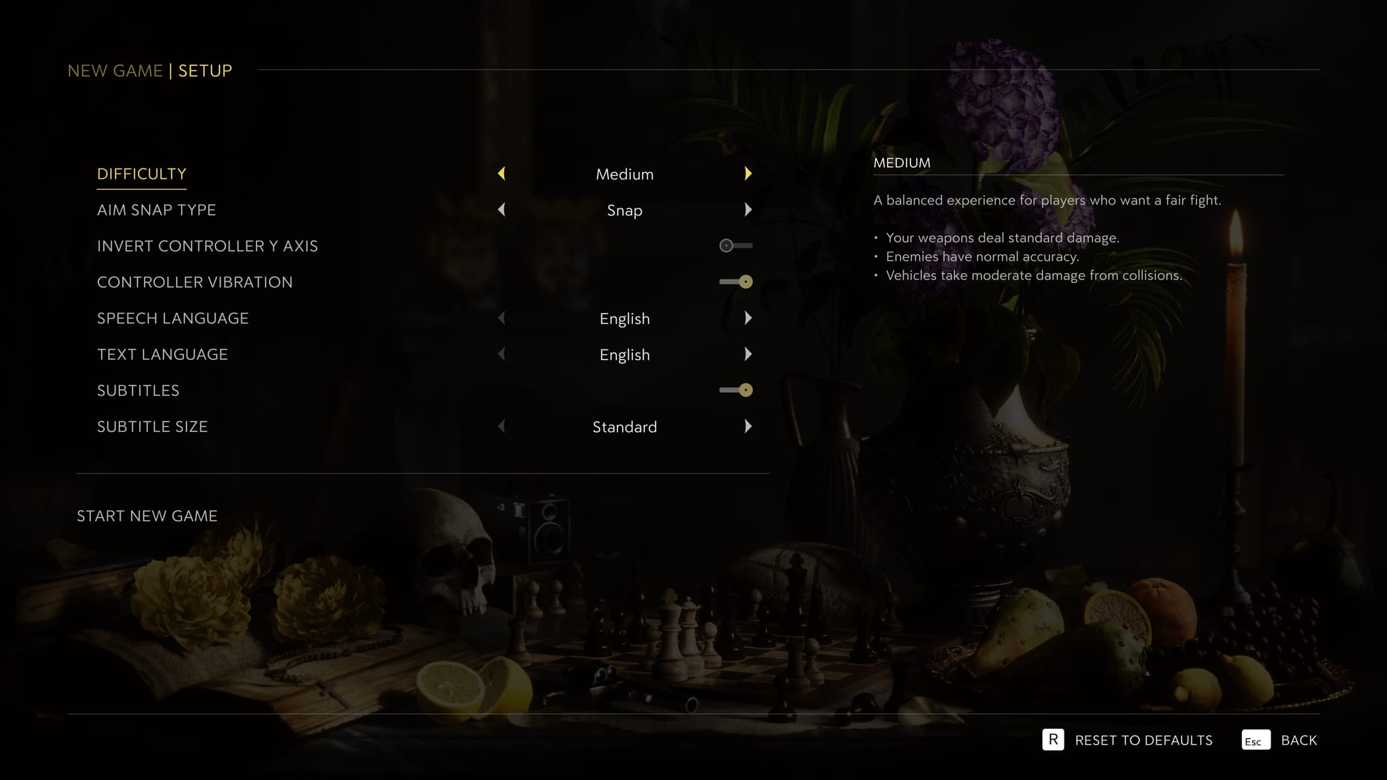 The New Game Setup menu featuring a suite of options like Difficulty, Aim Snap Type, Invert Controller Y Axis, Controller Vibration, Speech Language, Text Language, Subtitles, and Subtitle Size.