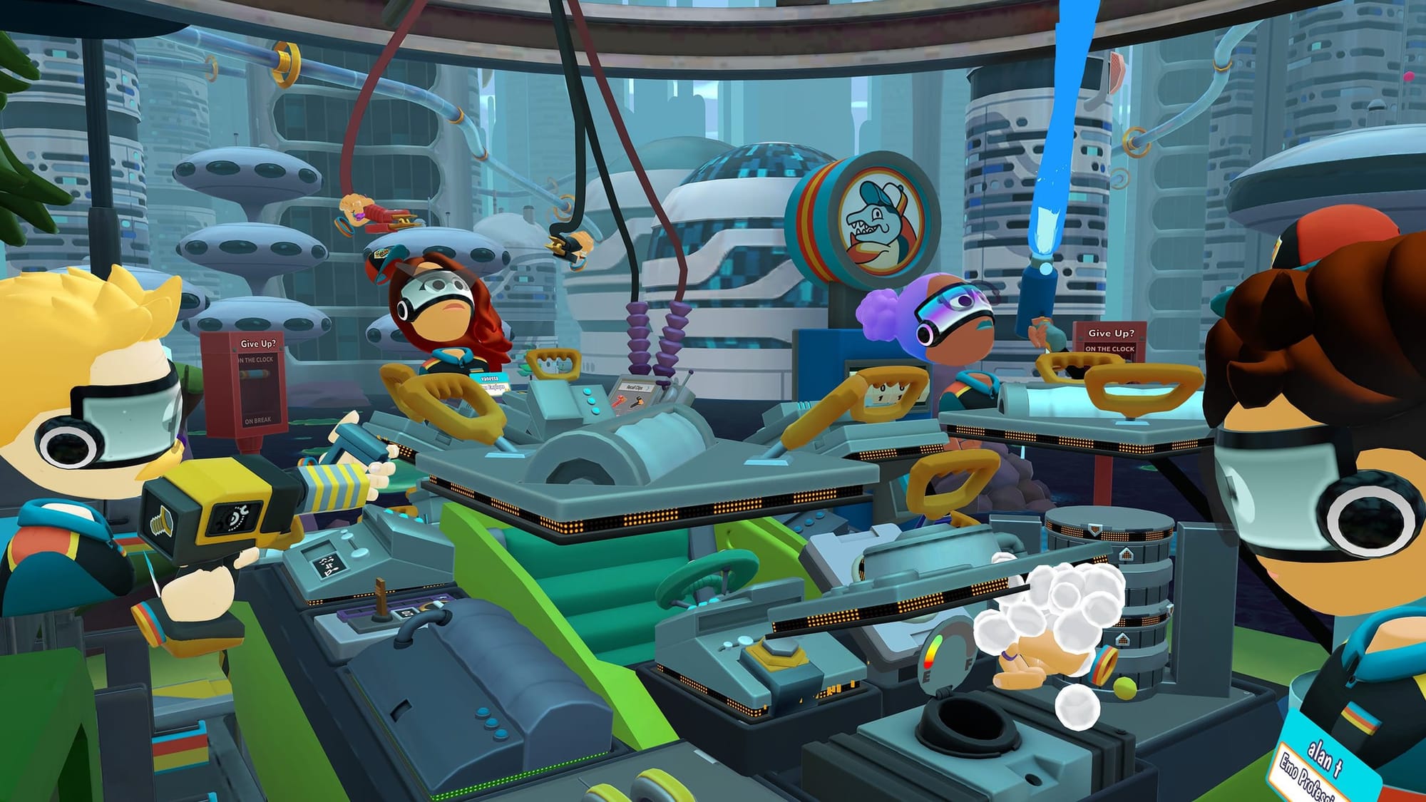 Stylized workstations with players performing mechanical activities.
