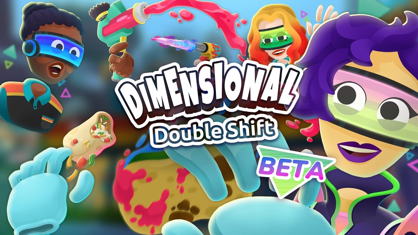Dimensional Double Shift logo, 3 friends having a food fight with sci-fi gadgets