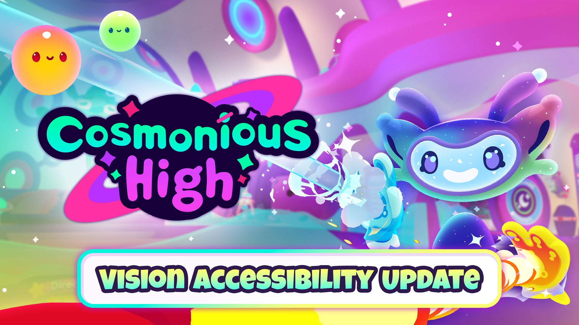 Cosmonious High logo, purple and blue friendly alien shooting water jet, "Vision Accessibility Update" text