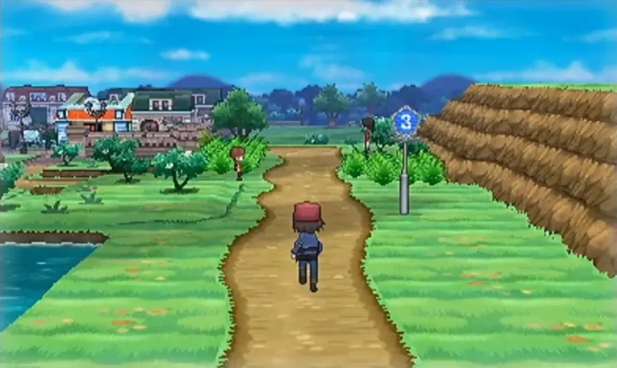 Male Pokémon avatar running through Route 3, a grassy field.