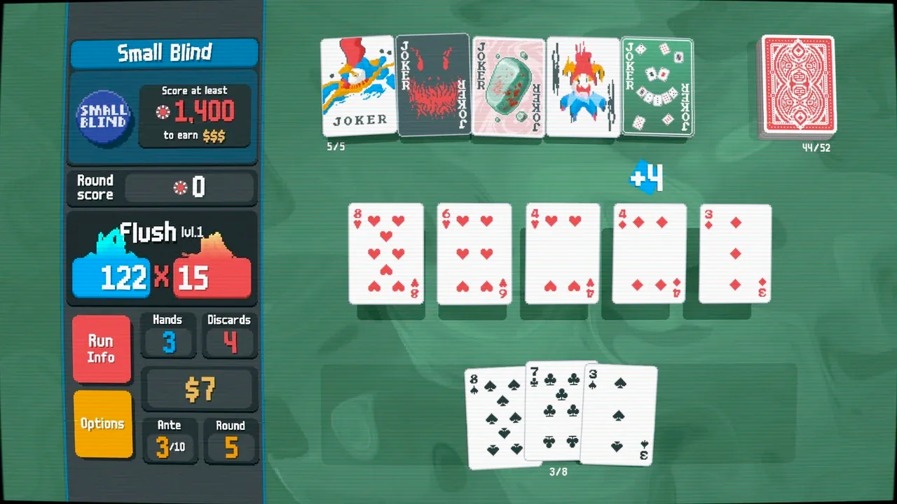 Screenshot of balatro, showing a flush of hearts scoring points.