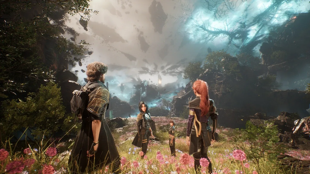 Clair Obscur: Expedition 33 screenshot showing characters in flower field, with abstract sky storm, mountains, and foliage.