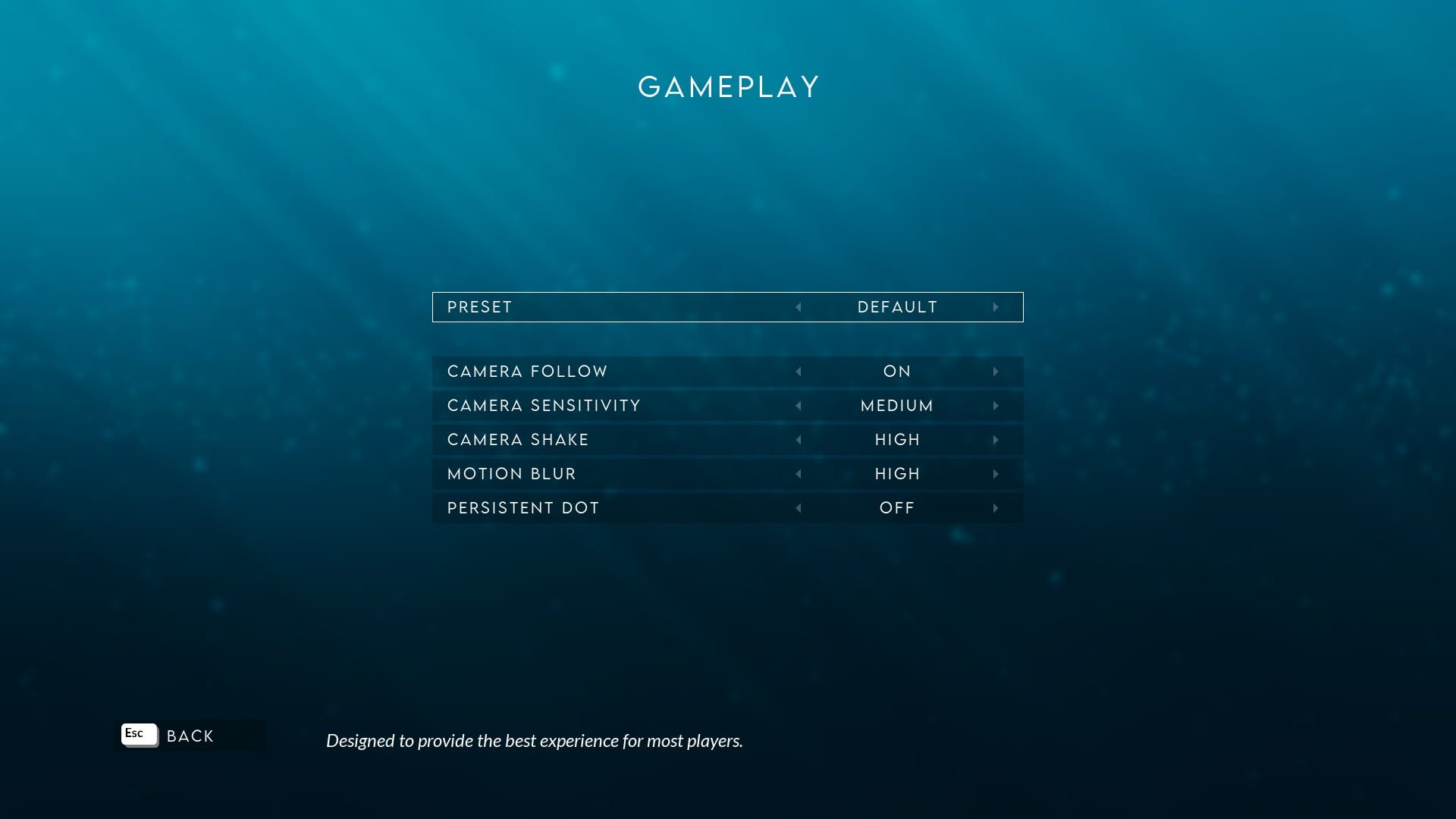 Gameplay menu featuring preset controls, camera follow, sensitivity, shake, motion blur, and persistent dot.