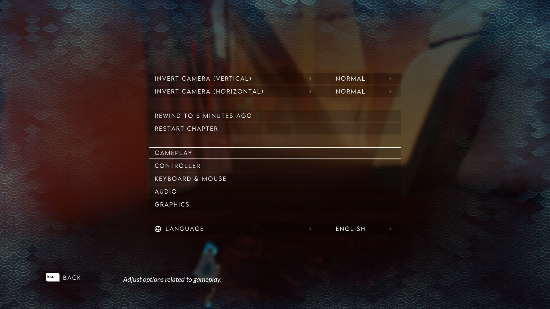 Pause menu featuring invert camera vertical or horizontal, rewind to 5 minutes ago, restart chapter, gameplay, controller, keyboard and mouse, audio, graphics, and language.