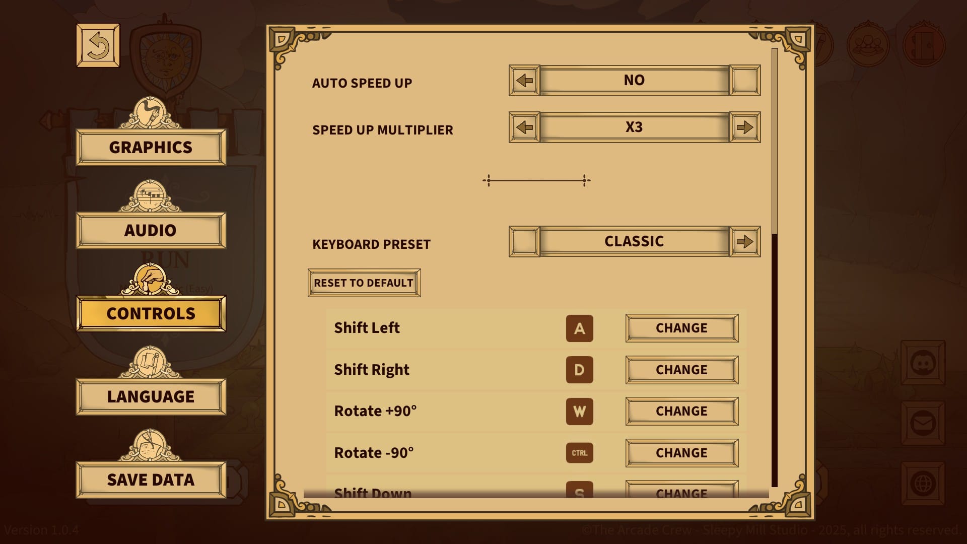 Control menu featuring Auto Speed Up, Speed Up Multiplier, Keyboard Preset, and the option to remap buttons.