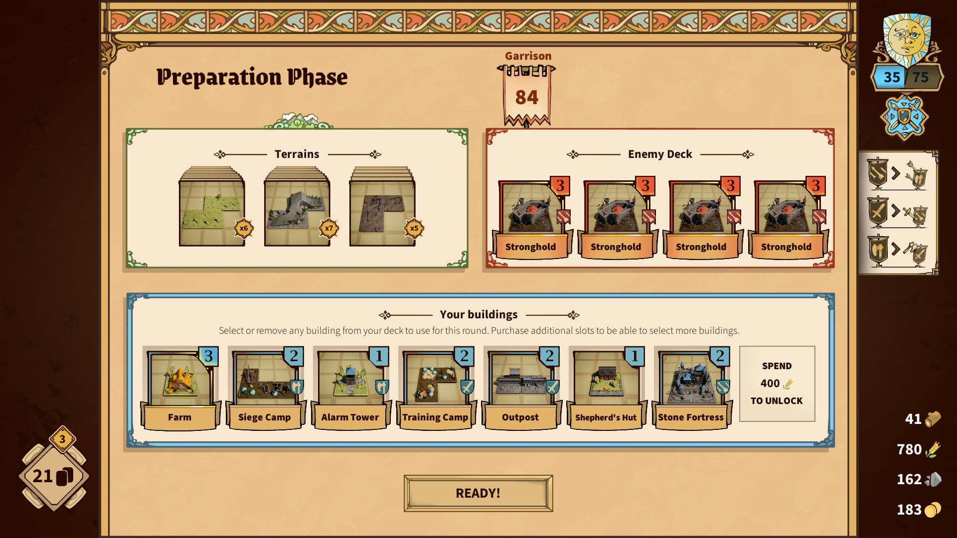 Drop Duchy's preparation phase, allowing you to pick cards to battle with. It shows a Farm, Siege Camp, Stone Fortress, and Alarm Tower.
