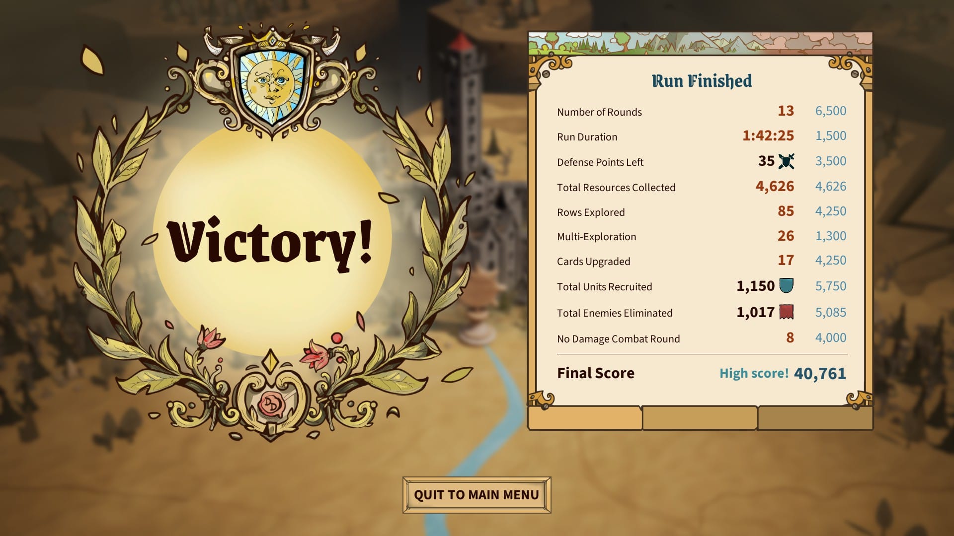 Drop Duchy's victory screen, showing a high score of 40,000, and a Quit To Main Menu button.