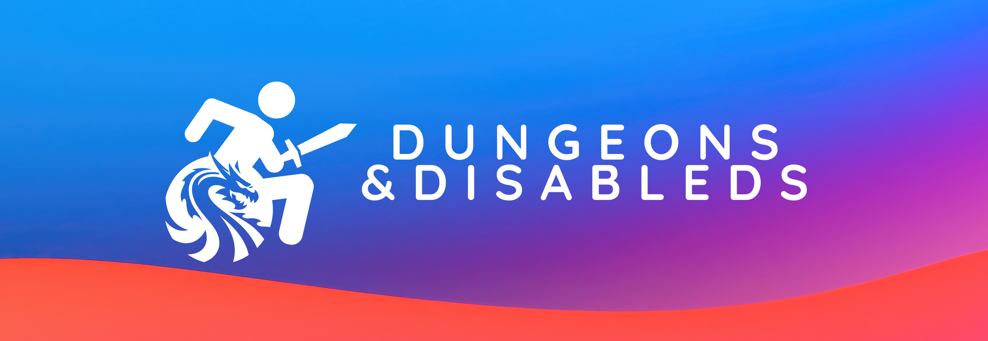 Dungeons & Disableds logo, a fighter in a wheelchair shaped like a dragon on a blue background.
