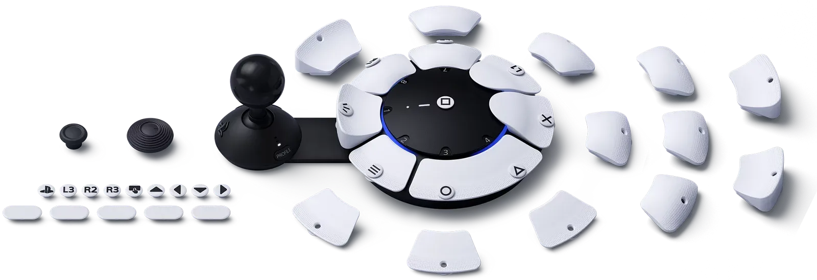 PlayStation Access Controller, a circle controller with a black joystick on the side. Several buttons are off to the side to be customized.