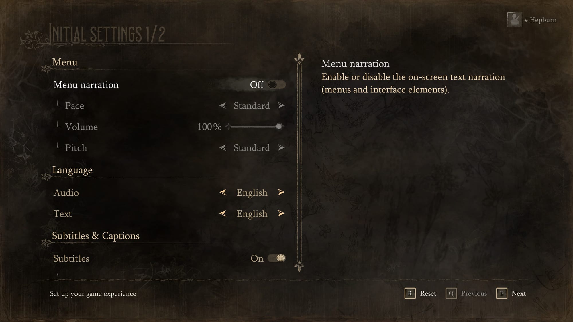 Initial settings menu showing menu narration, language, and subtitles.