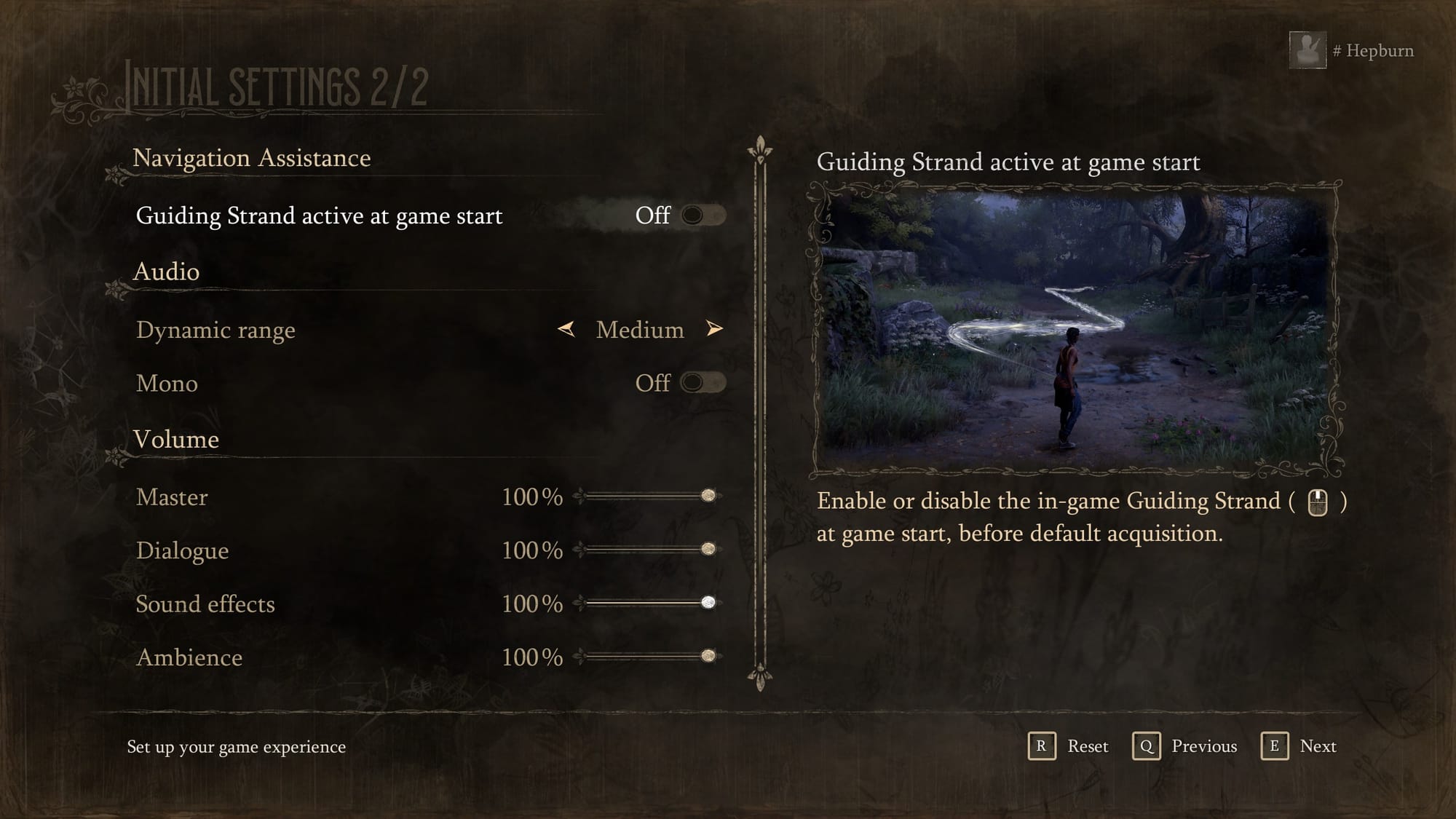 Initial settings (continued) showing navigation assistance, audio, and volume.