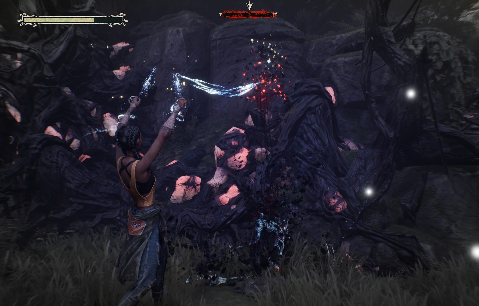 Hazel battles a Haint, a dark creature that glows red.